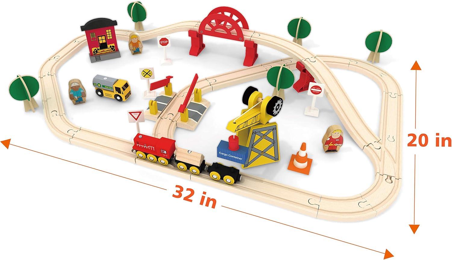 imageTiny Land 110PCS Wooden Train Set Toy Train with Tracks for Kids Ages 37 Compatible with Major Brands Ideal Railway Playset for Boys and Girls Great Birthday56pcs Wooden Train Set
