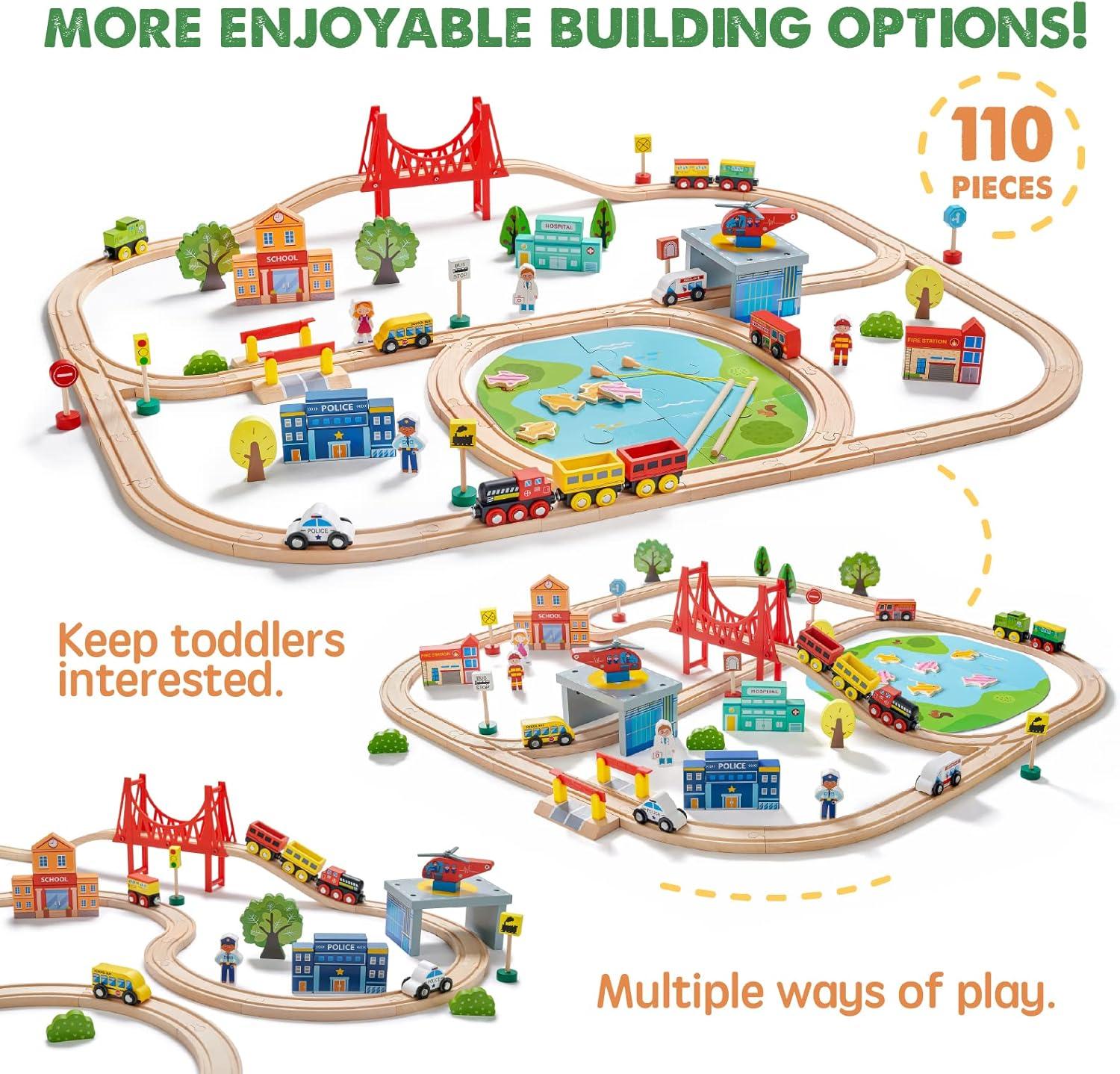 imageTiny Land 110PCS Wooden Train Set Toy Train with Tracks for Kids Ages 37 Compatible with Major Brands Ideal Railway Playset for Boys and Girls Great Birthday110pcs Wooden Train Set