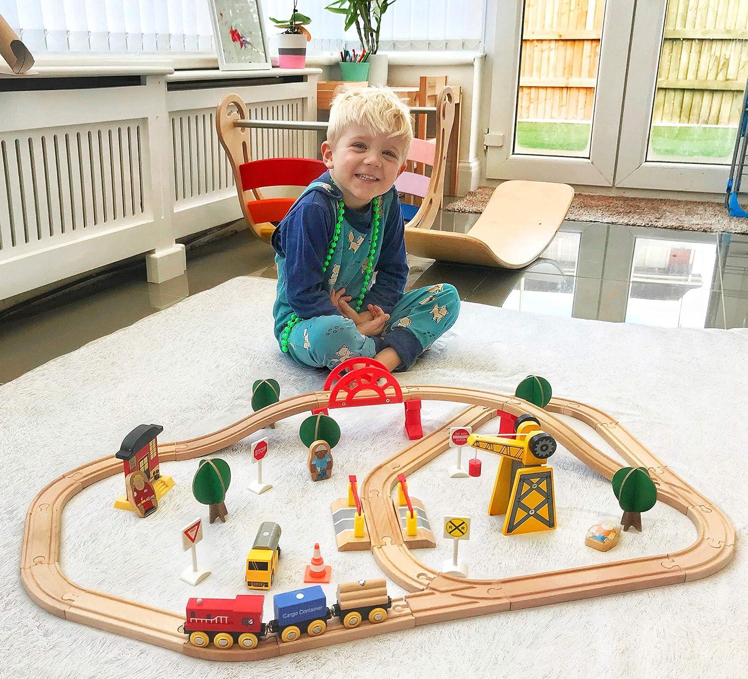 imageTiny Land 110PCS Wooden Train Set Toy Train with Tracks for Kids Ages 37 Compatible with Major Brands Ideal Railway Playset for Boys and Girls Great Birthday56pcs Wooden Train Set