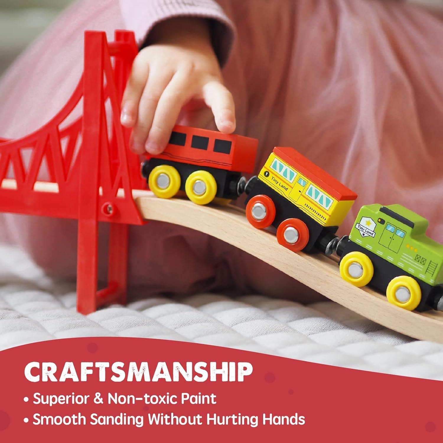 imageTiny Land 110PCS Wooden Train Set Toy Train with Tracks for Kids Ages 37 Compatible with Major Brands Ideal Railway Playset for Boys and Girls Great Birthday110pcs Wooden Train Set