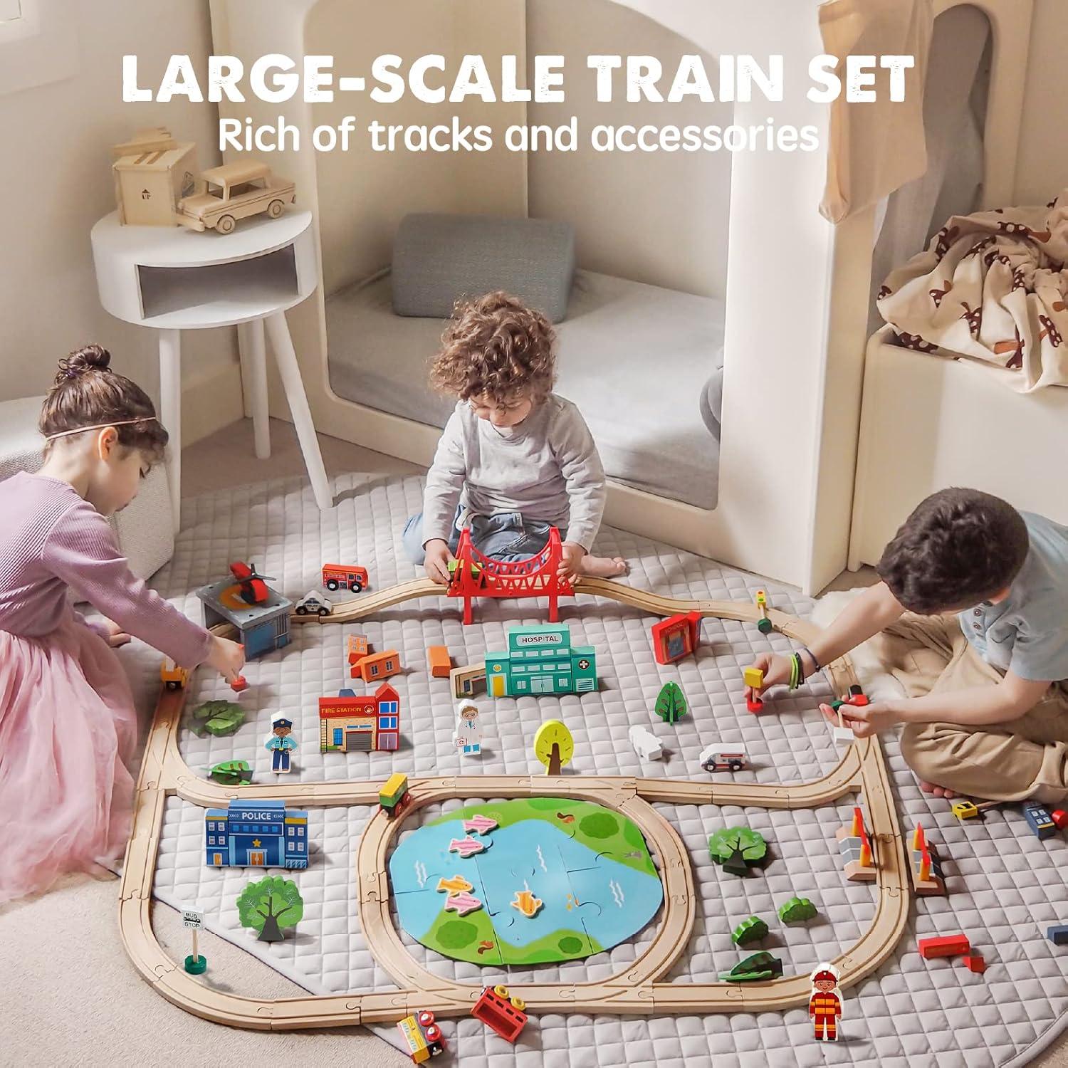 imageTiny Land 110PCS Wooden Train Set Toy Train with Tracks for Kids Ages 37 Compatible with Major Brands Ideal Railway Playset for Boys and Girls Great Birthday110pcs Wooden Train Set
