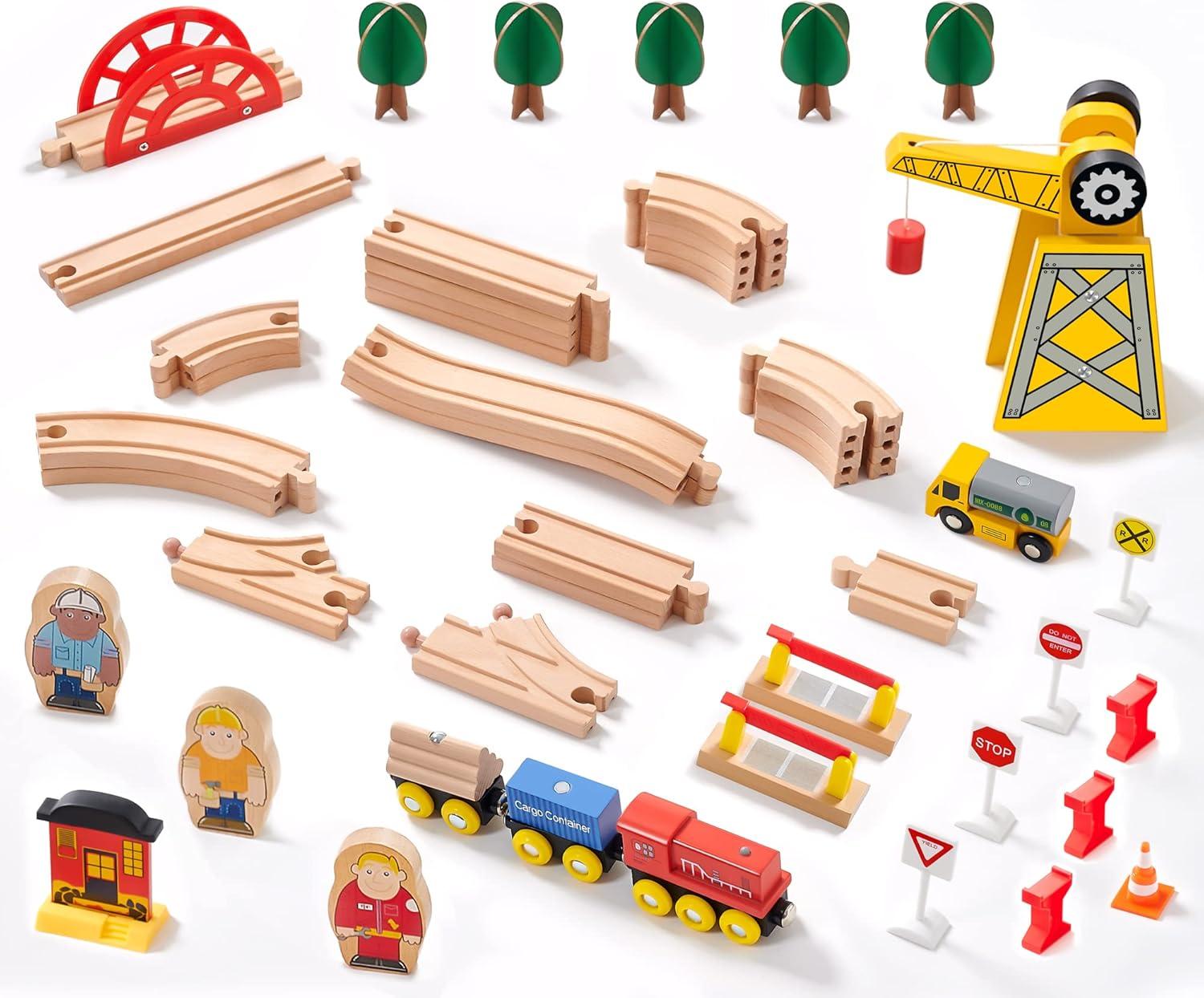 imageTiny Land 110PCS Wooden Train Set Toy Train with Tracks for Kids Ages 37 Compatible with Major Brands Ideal Railway Playset for Boys and Girls Great Birthday56pcs Wooden Train Set