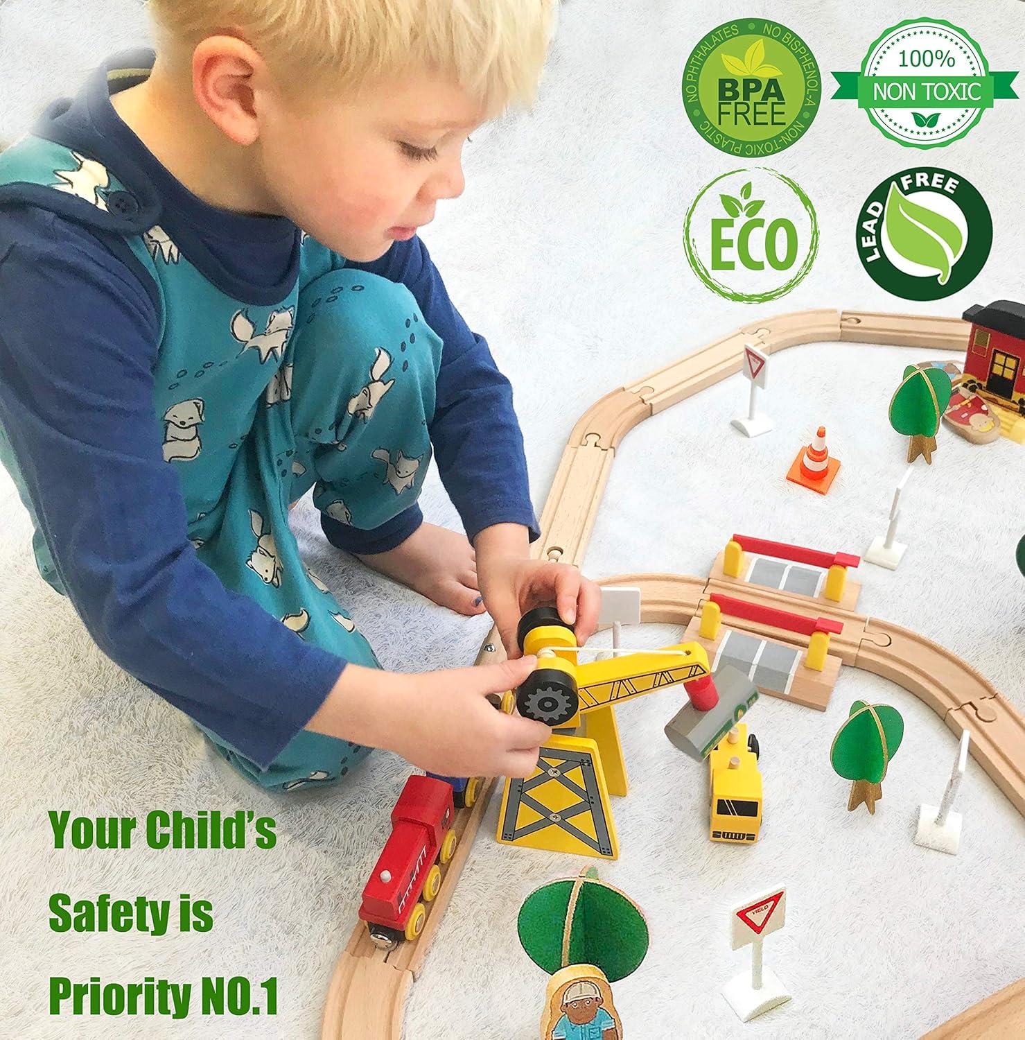 imageTiny Land 110PCS Wooden Train Set Toy Train with Tracks for Kids Ages 37 Compatible with Major Brands Ideal Railway Playset for Boys and Girls Great Birthday56pcs Wooden Train Set