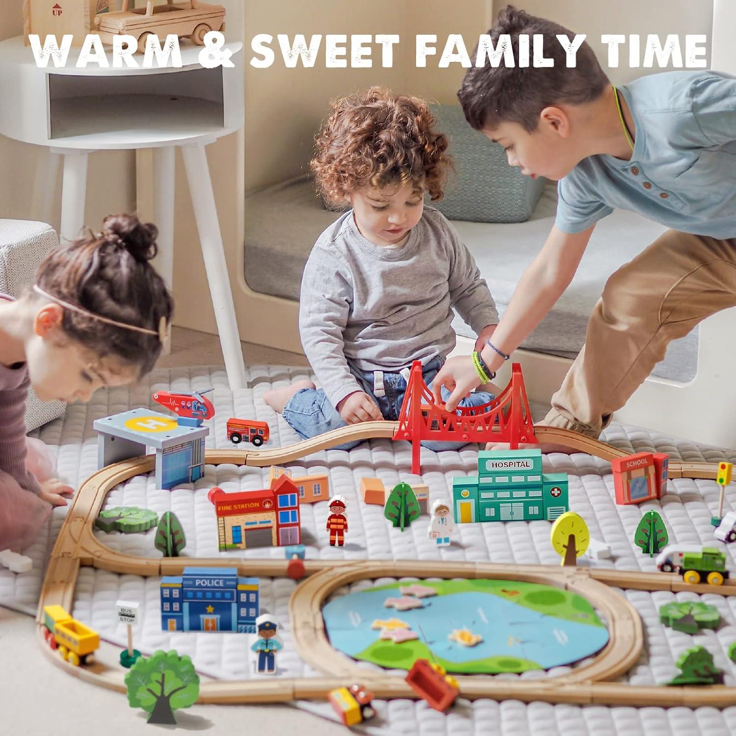 imageTiny Land 110PCS Wooden Train Set Toy Train with Tracks for Kids Ages 37 Compatible with Major Brands Ideal Railway Playset for Boys and Girls Great Birthday110pcs Wooden Train Set