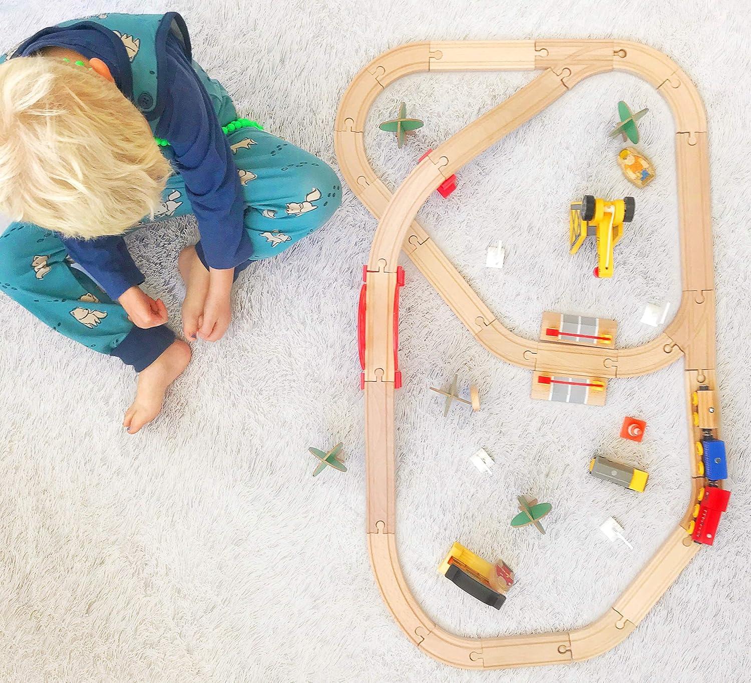 imageTiny Land 110PCS Wooden Train Set Toy Train with Tracks for Kids Ages 37 Compatible with Major Brands Ideal Railway Playset for Boys and Girls Great Birthday56pcs Wooden Train Set