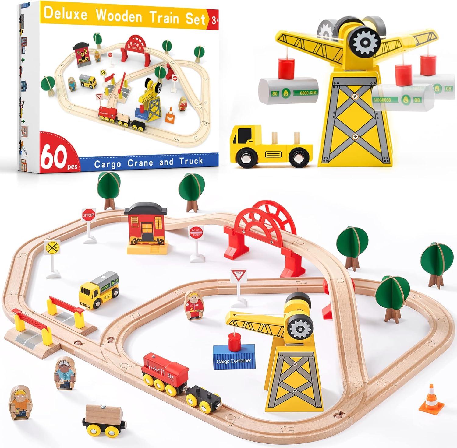 imageTiny Land 110PCS Wooden Train Set Toy Train with Tracks for Kids Ages 37 Compatible with Major Brands Ideal Railway Playset for Boys and Girls Great Birthday56pcs Wooden Train Set