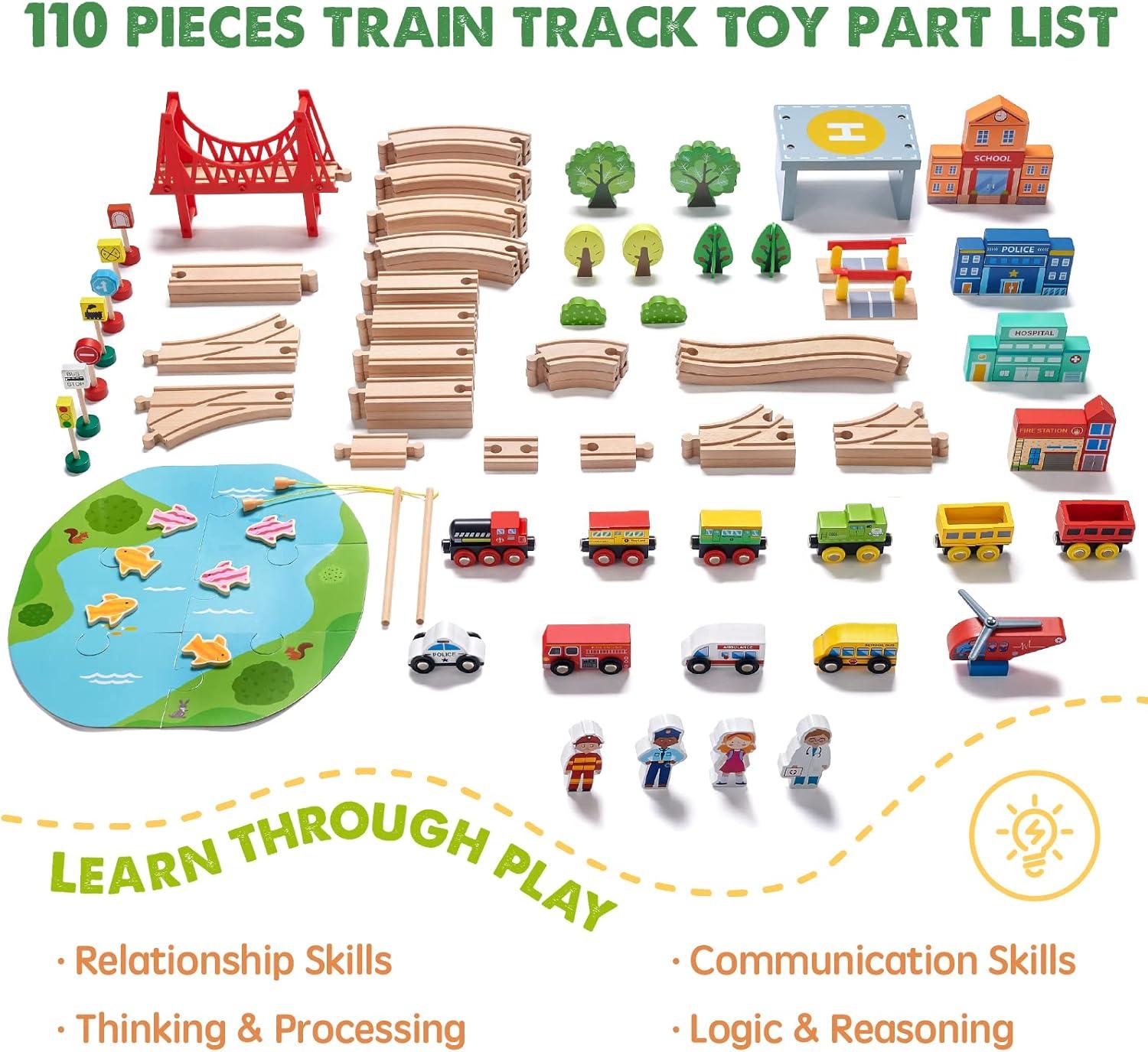 imageTiny Land 110PCS Wooden Train Set Toy Train with Tracks for Kids Ages 37 Compatible with Major Brands Ideal Railway Playset for Boys and Girls Great Birthday110pcs Wooden Train Set