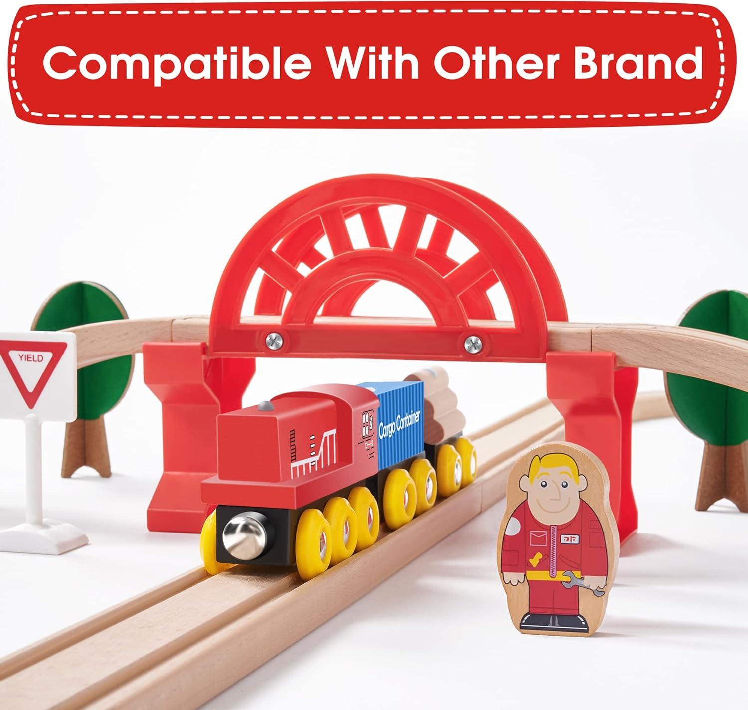 imageTiny Land 110PCS Wooden Train Set Toy Train with Tracks for Kids Ages 37 Compatible with Major Brands Ideal Railway Playset for Boys and Girls Great Birthday56pcs Wooden Train Set