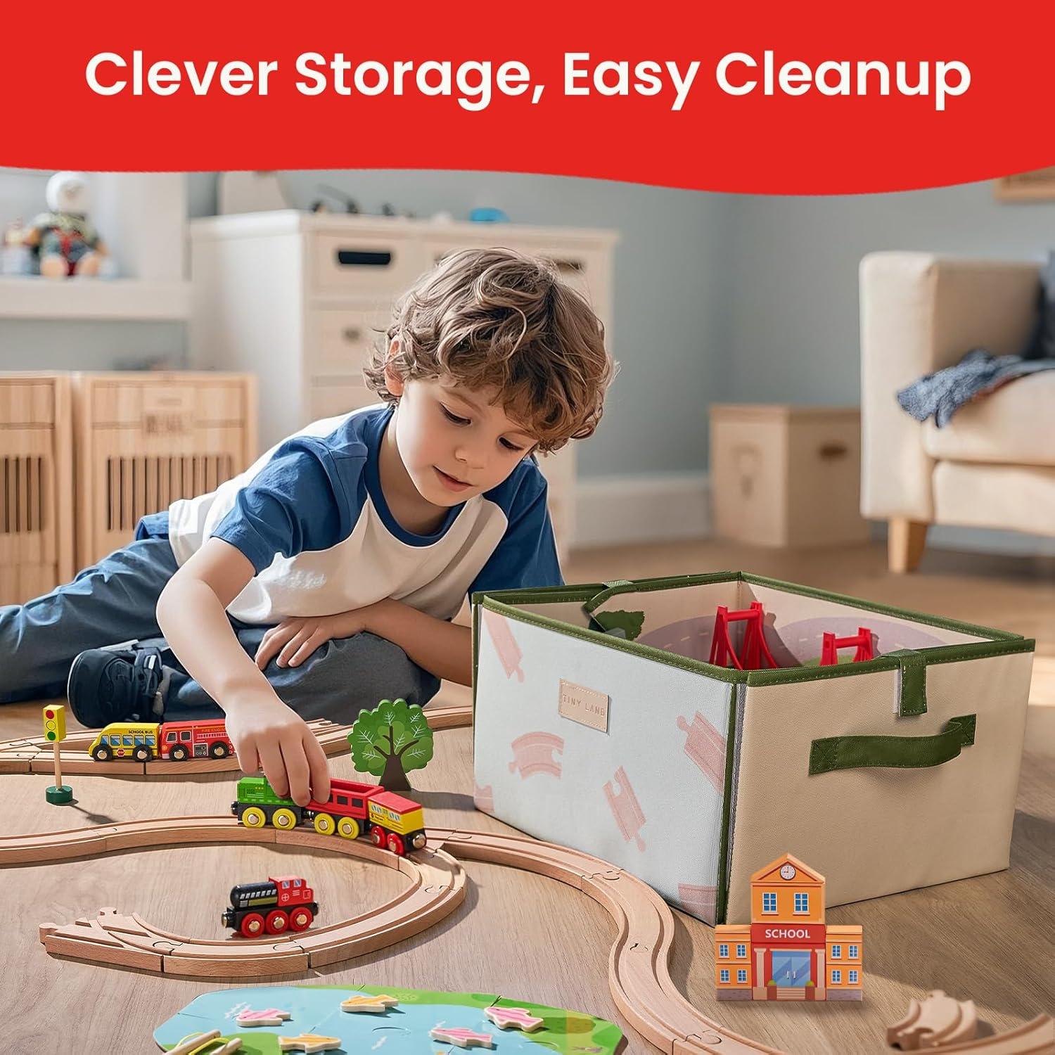 imageTiny Land 110pcs Wooden Train Set with Folding Storage Box Wooden Train Track Toy for Boys amp Girls Age 37 Includes Convenient Storage110PCS Train Set Folding Storage Box