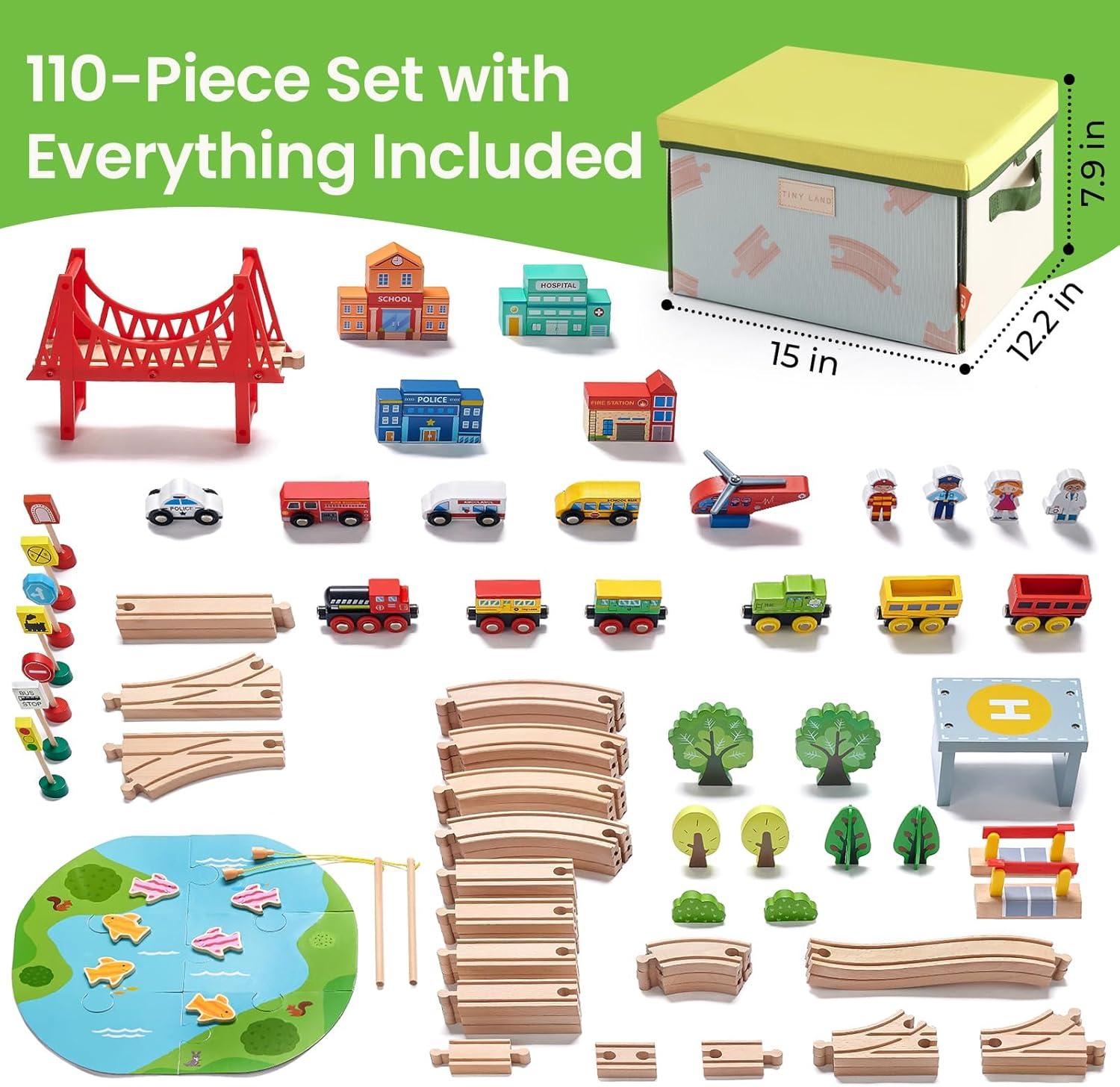 imageTiny Land 110pcs Wooden Train Set with Folding Storage Box Wooden Train Track Toy for Boys amp Girls Age 37 Includes Convenient Storage110PCS Train Set Folding Storage Box