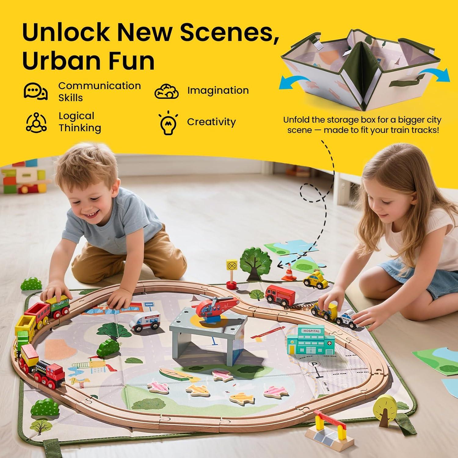 imageTiny Land 110pcs Wooden Train Set with Folding Storage Box Wooden Train Track Toy for Boys amp Girls Age 37 Includes Convenient Storage110PCS Train Set Folding Storage Box