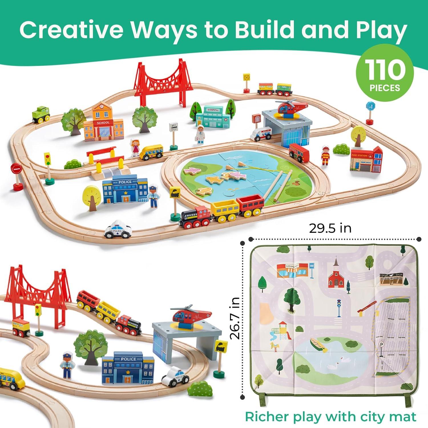 imageTiny Land 110pcs Wooden Train Set with Folding Storage Box Wooden Train Track Toy for Boys amp Girls Age 37 Includes Convenient Storage110PCS Train Set Folding Storage Box