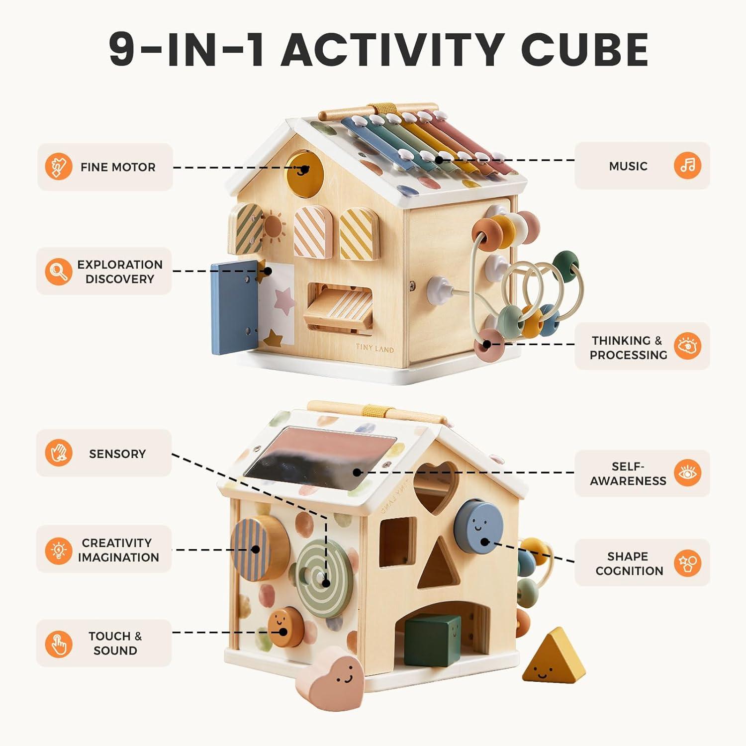 imageTiny Land 9in1 Wooden Activity Cube Montessori Baby Activity Center for 1 Year Old Educational Toy for Toddlers Ideal Gift for Boys and Girls MorandiMorandi