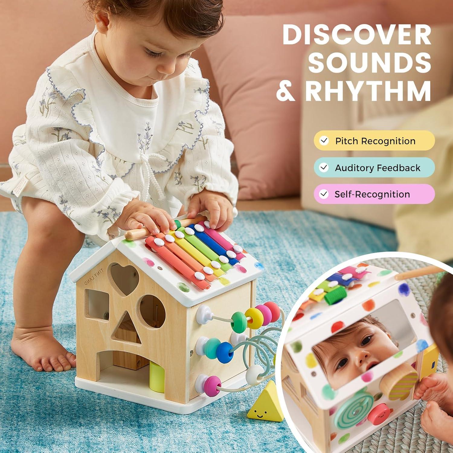 imageTiny Land 9in1 Wooden Activity Cube Montessori Baby Activity Center for 1 Year Old Educational Toy for Toddlers Ideal Gift for Boys and Girls MorandiRainbow