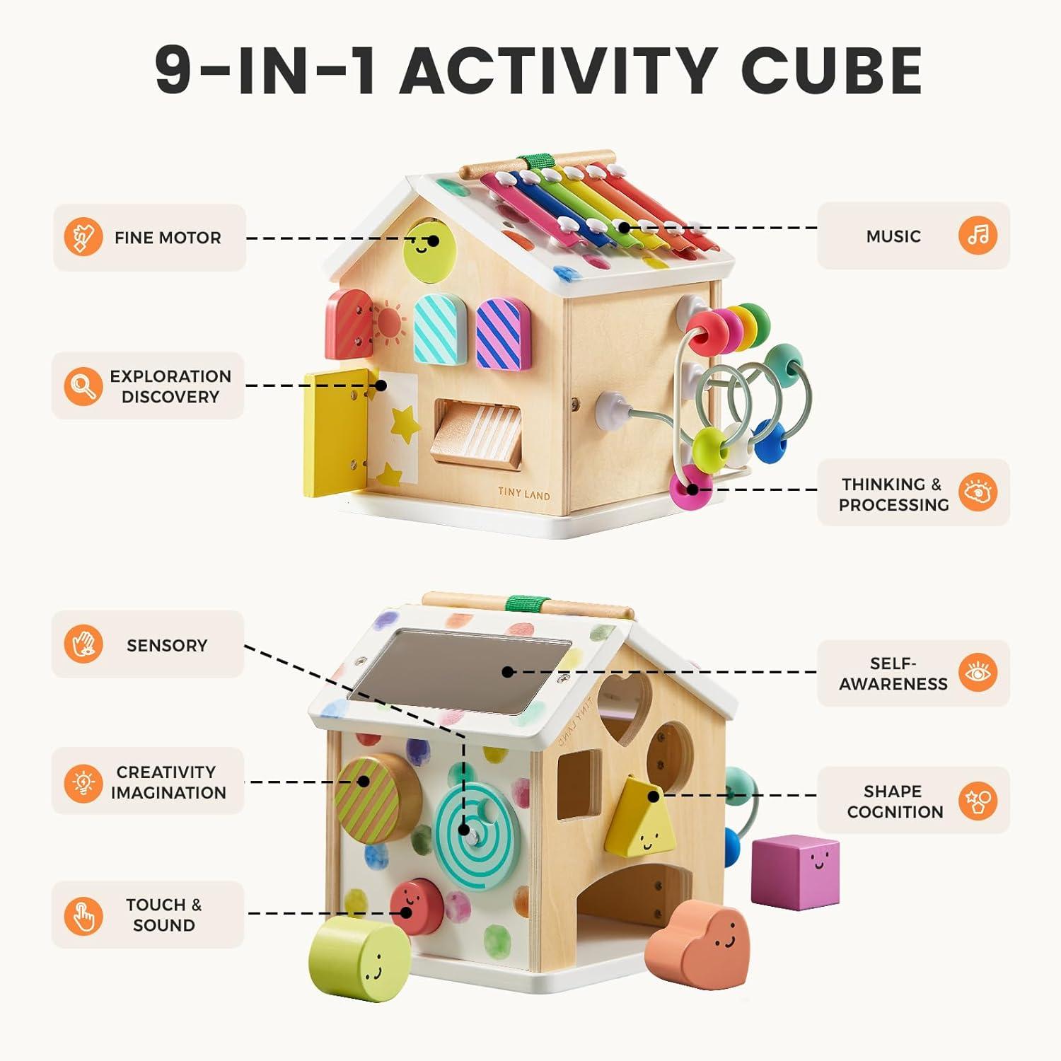 imageTiny Land 9in1 Wooden Activity Cube Montessori Baby Activity Center for 1 Year Old Educational Toy for Toddlers Ideal Gift for Boys and Girls MorandiRainbow