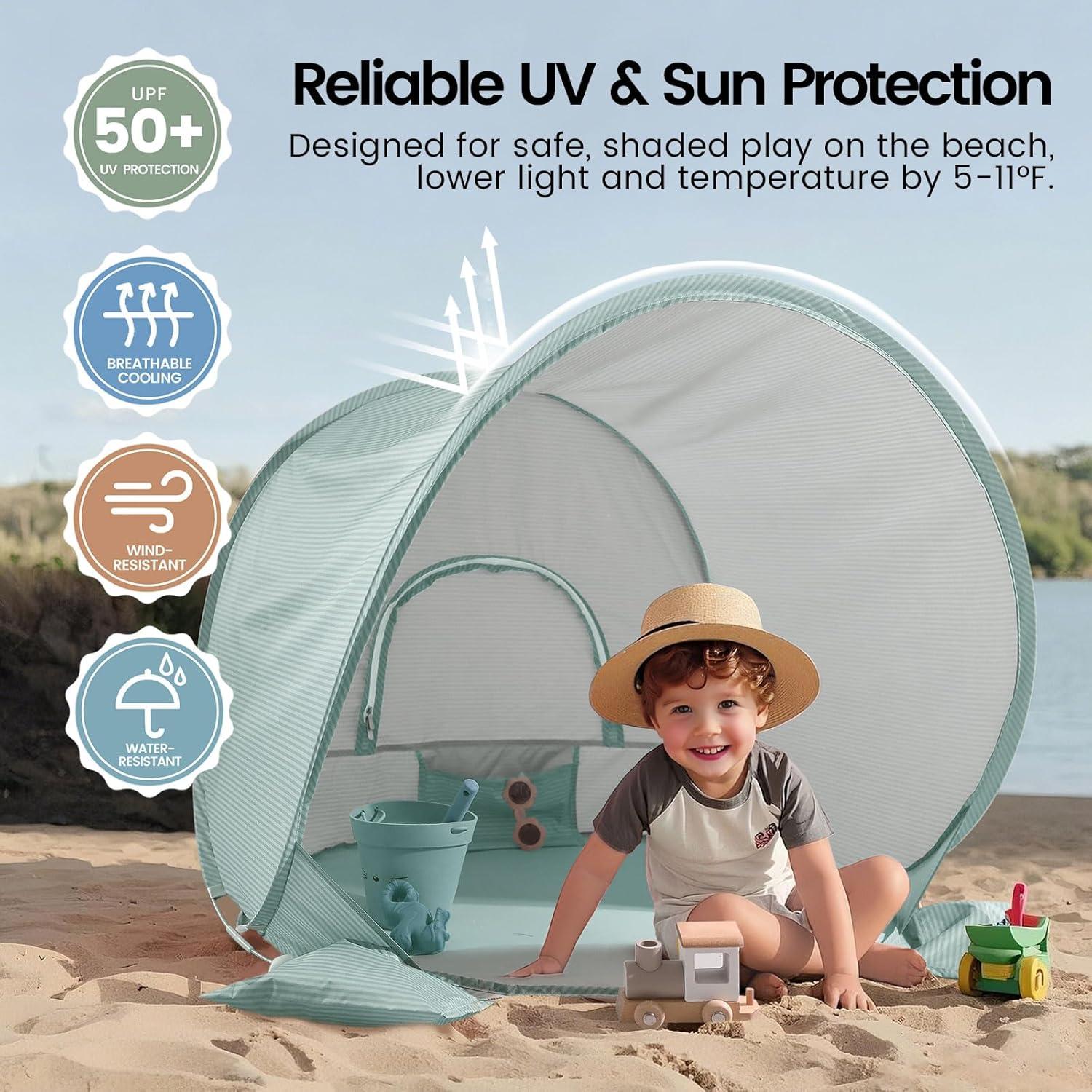 imageTiny Land Baby Beach Tent Pop Up Baby Tent with UV Protection Portable Baby Beach Essentials 35x28x32 Sun Shelter for Infants Baby Outdoor Use PinkPastel Aqua