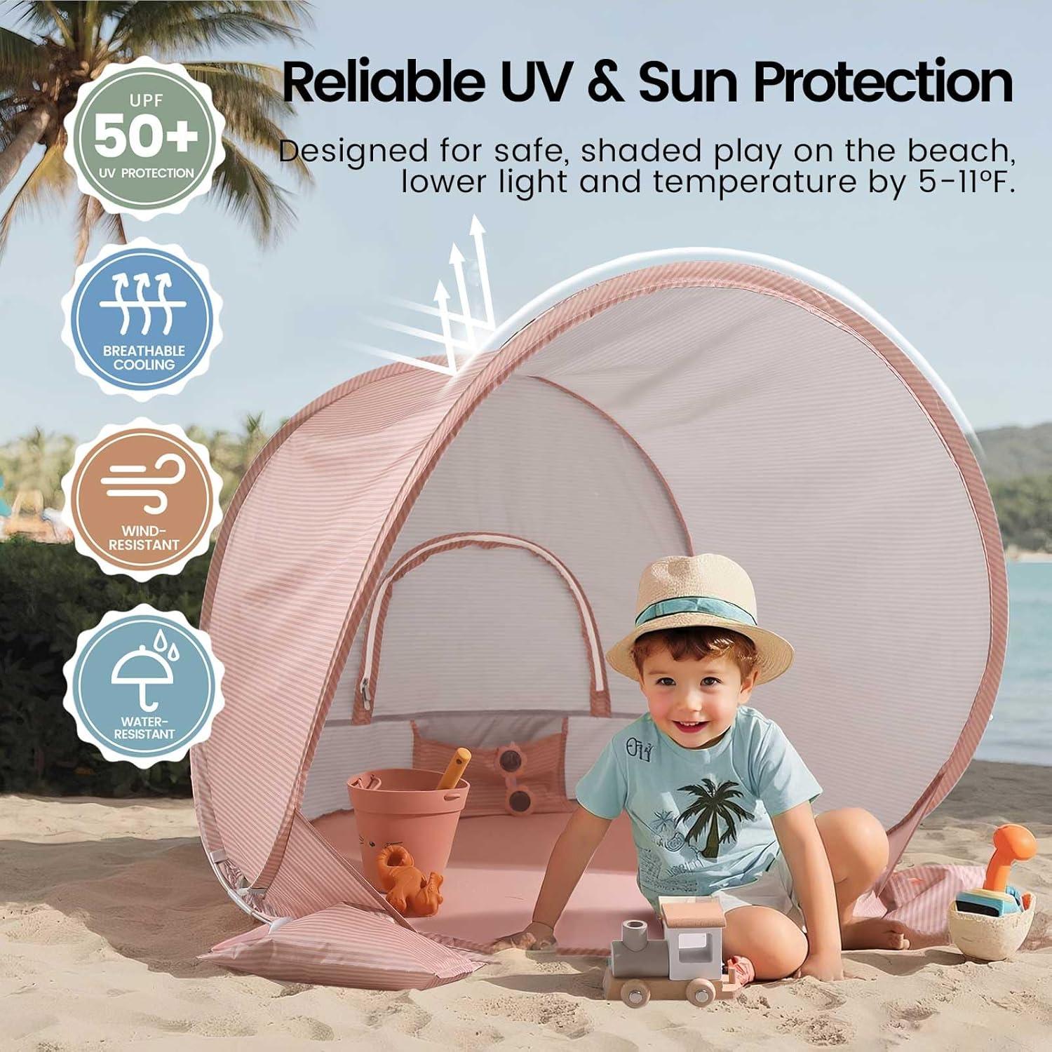 imageTiny Land Baby Beach Tent Pop Up Baby Tent with UV Protection Portable Baby Beach Essentials 35x28x32 Sun Shelter for Infants Baby Outdoor Use PinkSunset Blush