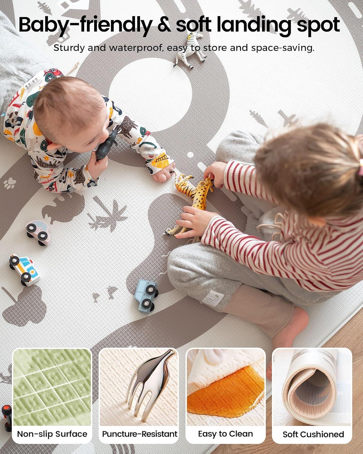 imageTiny Land Baby Play Mat Extra Large 78x55 Waterproof Crawling Playmat for Infants amp Toddlers Reversible NonSlip Foam Floor Mat Soft Thick Foldable Modern Zoo OasisModern Zoo Oasis