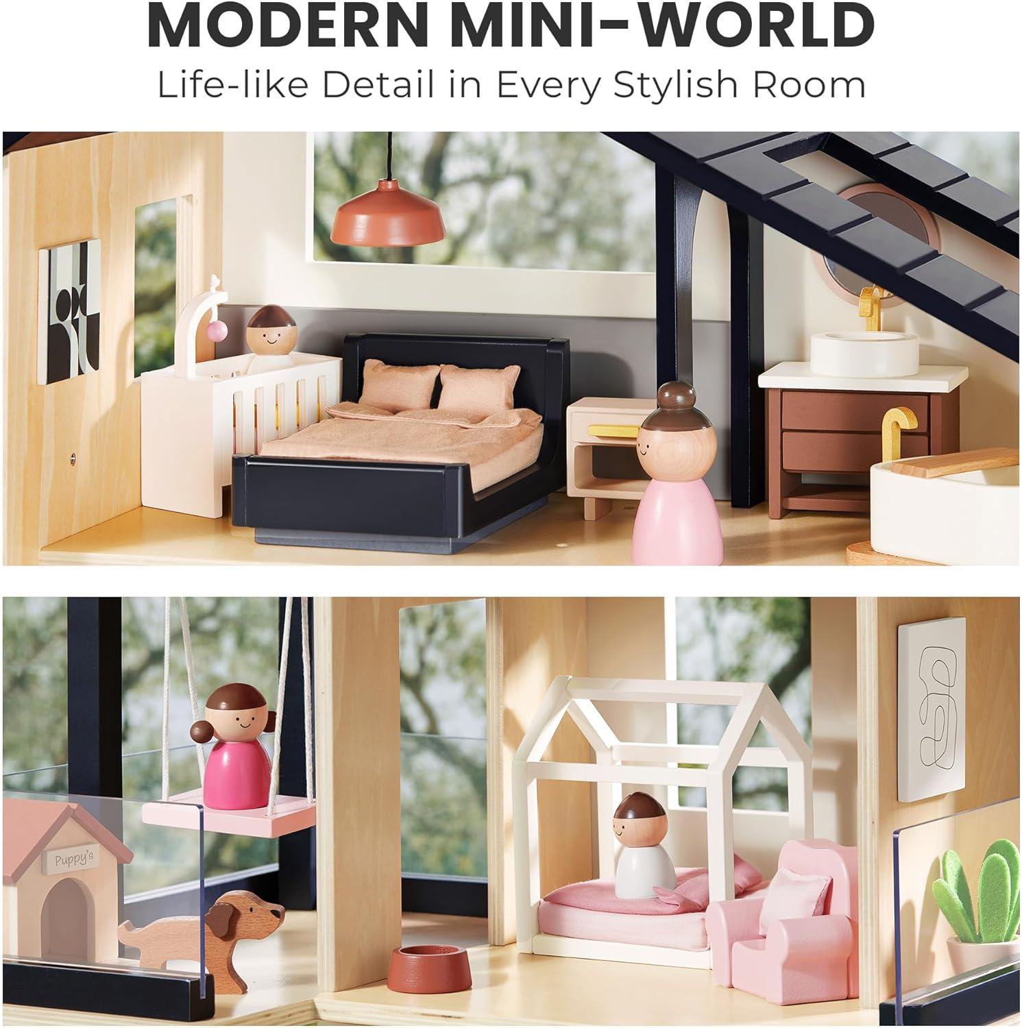 imageTiny Land Doll House Modern Family Dollhouse with Realistic Design Wooden Dollhouse with 53Pcs Furniture Ideal Gift for Kids Ages 3