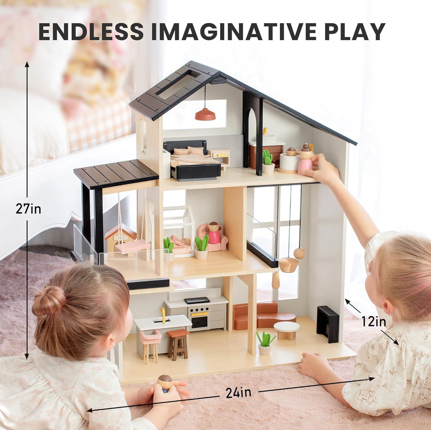 imageTiny Land Doll House Modern Family Dollhouse with Realistic Design Wooden Dollhouse with 53Pcs Furniture Ideal Gift for Kids Ages 3