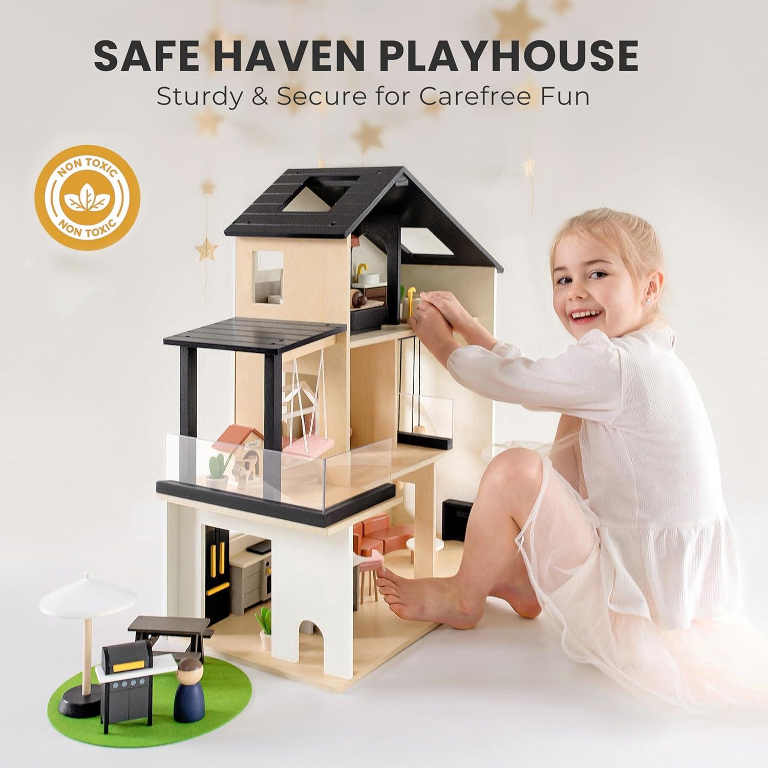 imageTiny Land Doll House Modern Family Dollhouse with Realistic Design Wooden Dollhouse with 53Pcs Furniture Ideal Gift for Kids Ages 3