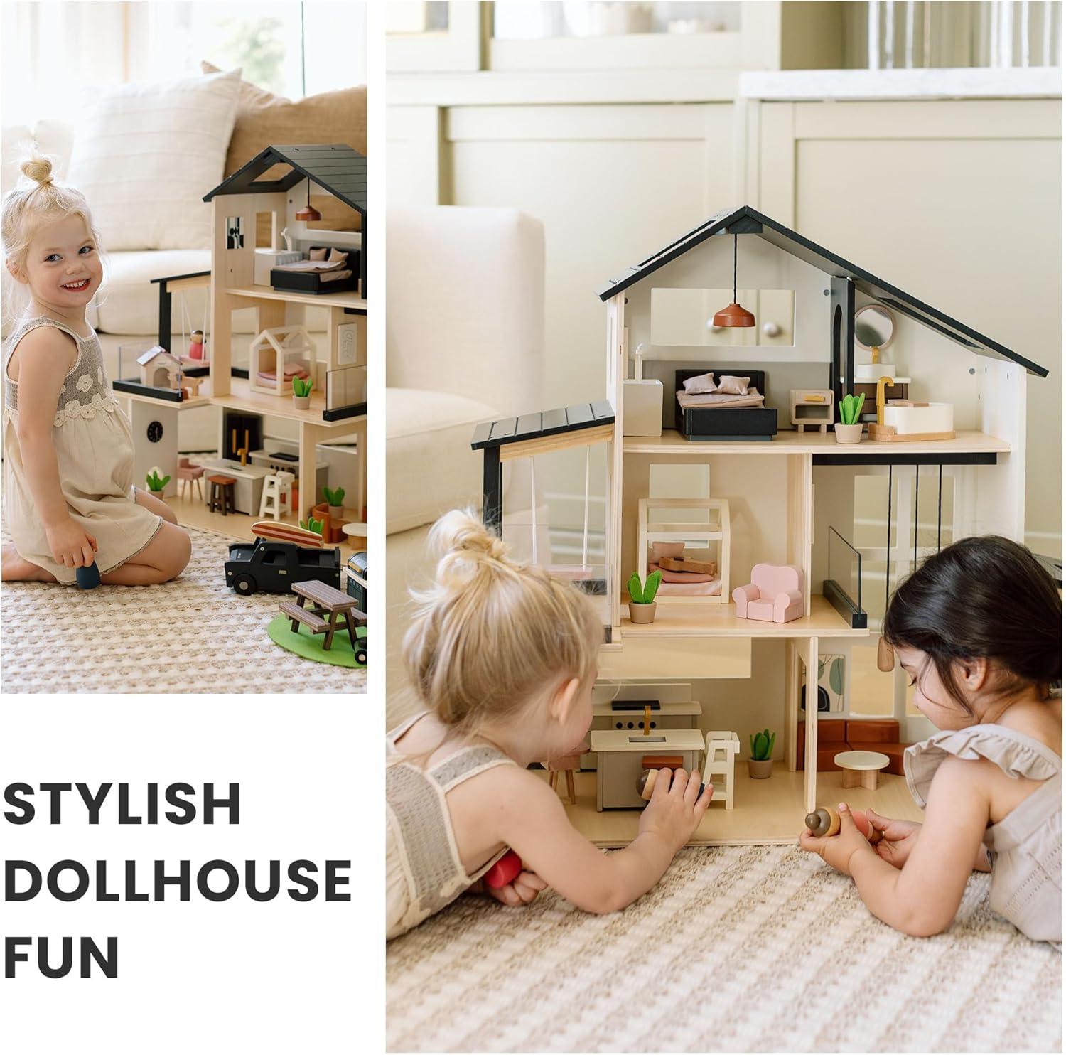 imageTiny Land Doll House Modern Family Dollhouse with Realistic Design Wooden Dollhouse with 53Pcs Furniture Ideal Gift for Kids Ages 3