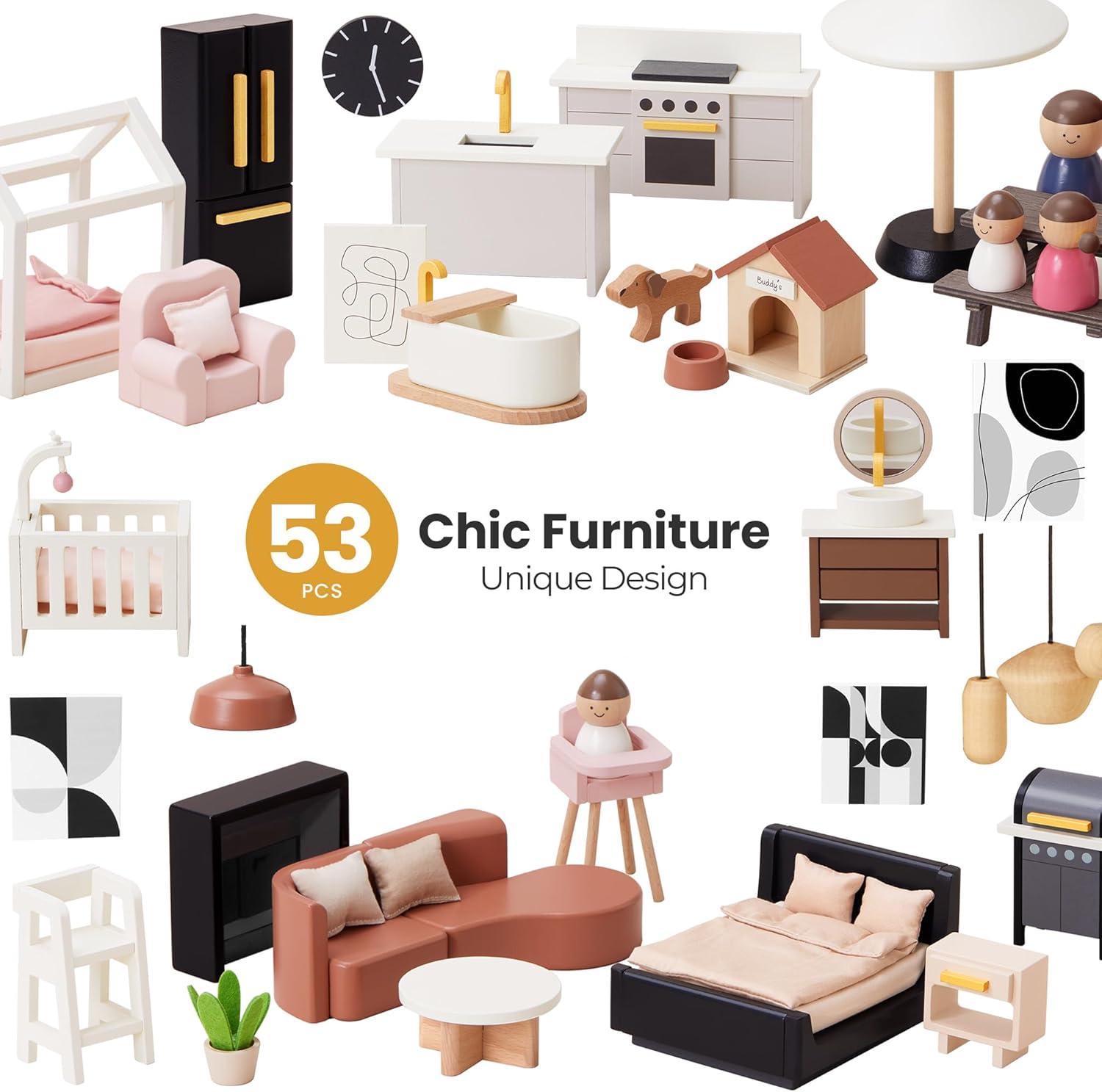 imageTiny Land Doll House Modern Family Dollhouse with Realistic Design Wooden Dollhouse with 53Pcs Furniture Ideal Gift for Kids Ages 3