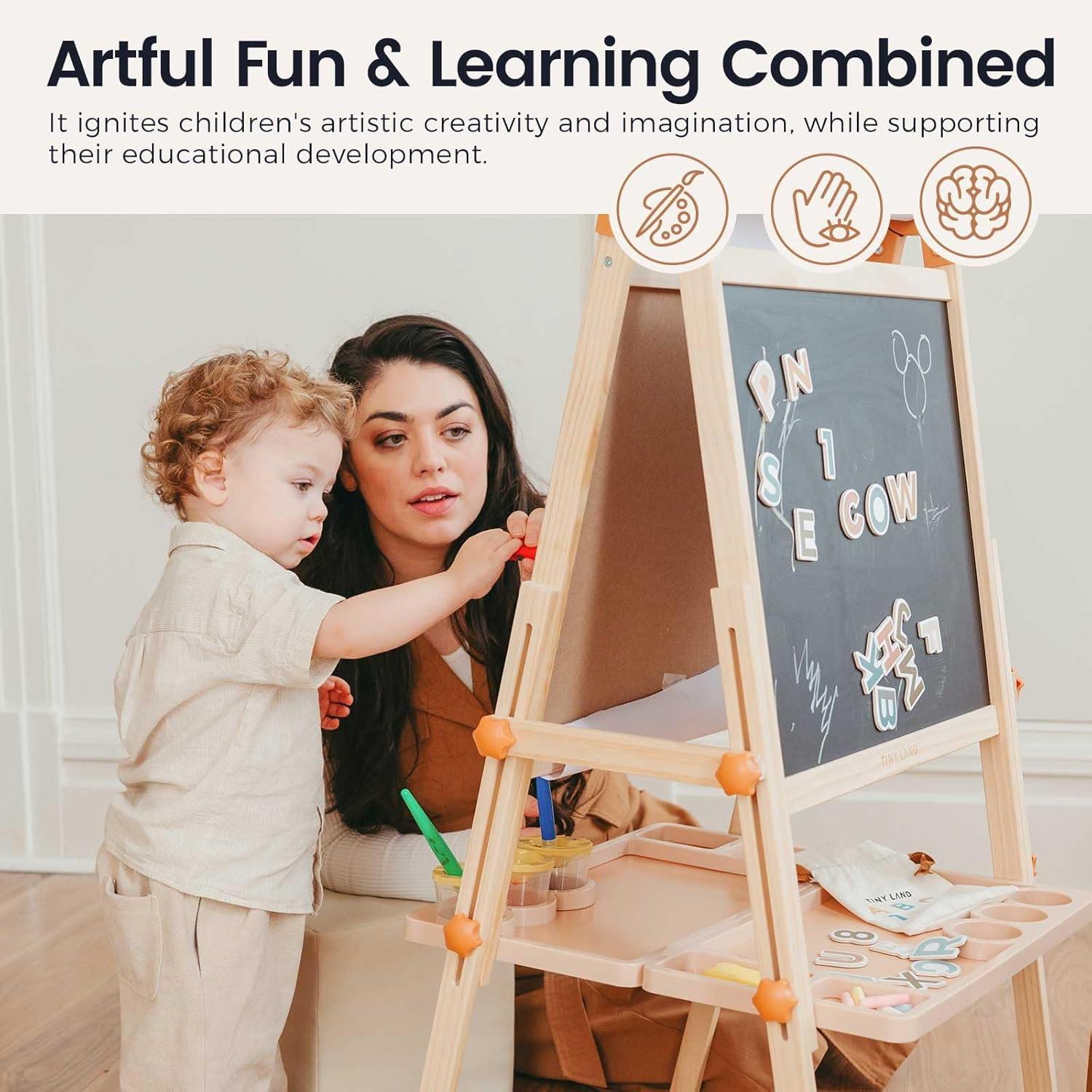 imageTiny Land Easel for Kids DoubleSided Magnetic Easel Adjustable Wooden Kids Art Easel with Paper Roll LearningToy for 345678 Years Old Boy amp Girls
