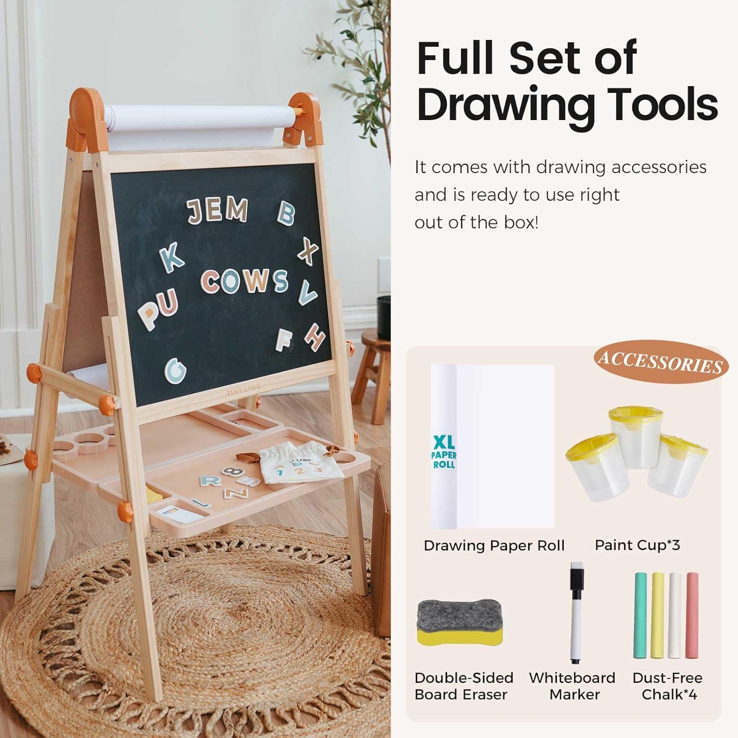 imageTiny Land Easel for Kids DoubleSided Magnetic Easel Adjustable Wooden Kids Art Easel with Paper Roll LearningToy for 345678 Years Old Boy amp Girls