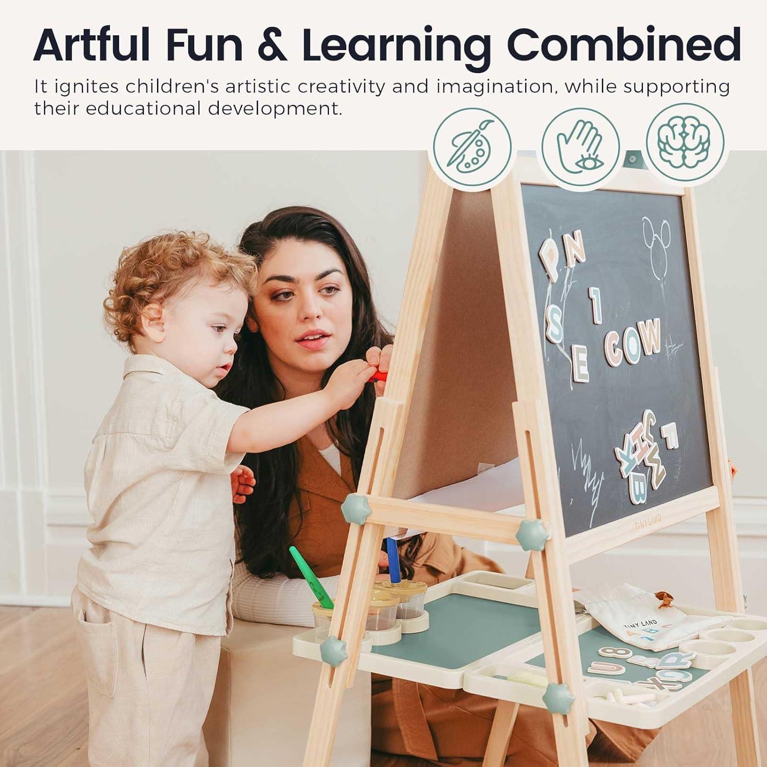 imageTiny Land Easel for Kids DoubleSided Magnetic Easel with Drawing Accessories Adjustable Wooden Kids Art Easel with Paper Roll LearningToy for 345678 Years Old Boy amp Girls GreenGreen