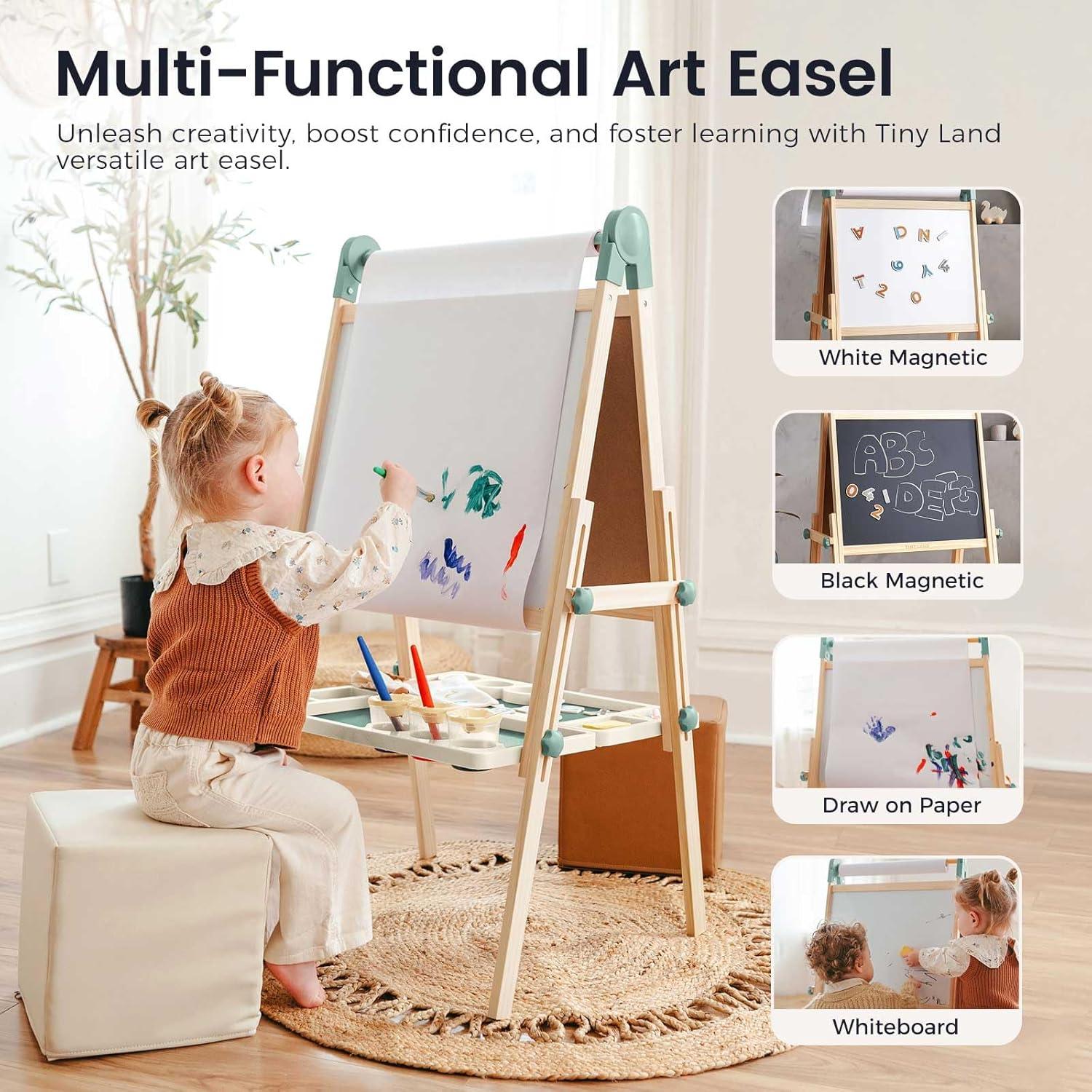 imageTiny Land Easel for Kids DoubleSided Magnetic Easel with Drawing Accessories Adjustable Wooden Kids Art Easel with Paper Roll LearningToy for 345678 Years Old Boy amp Girls GreenGreen