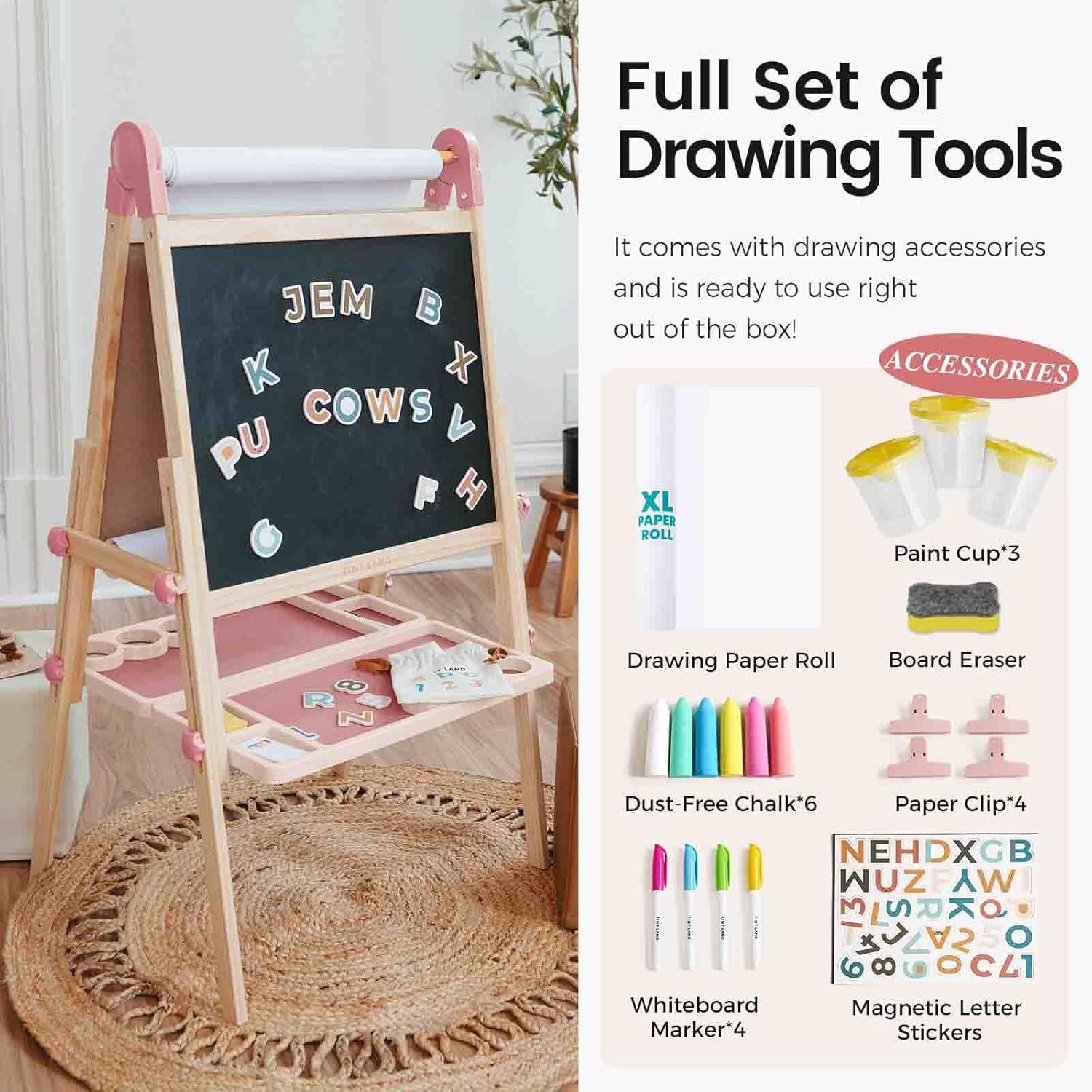 imageTiny Land Easel for Kids DoubleSided Magnetic Easel with Drawing Accessories Adjustable Wooden Kids Art Easel with Paper Roll LearningToy for 345678 Years Old Boy amp Girls GreenPink