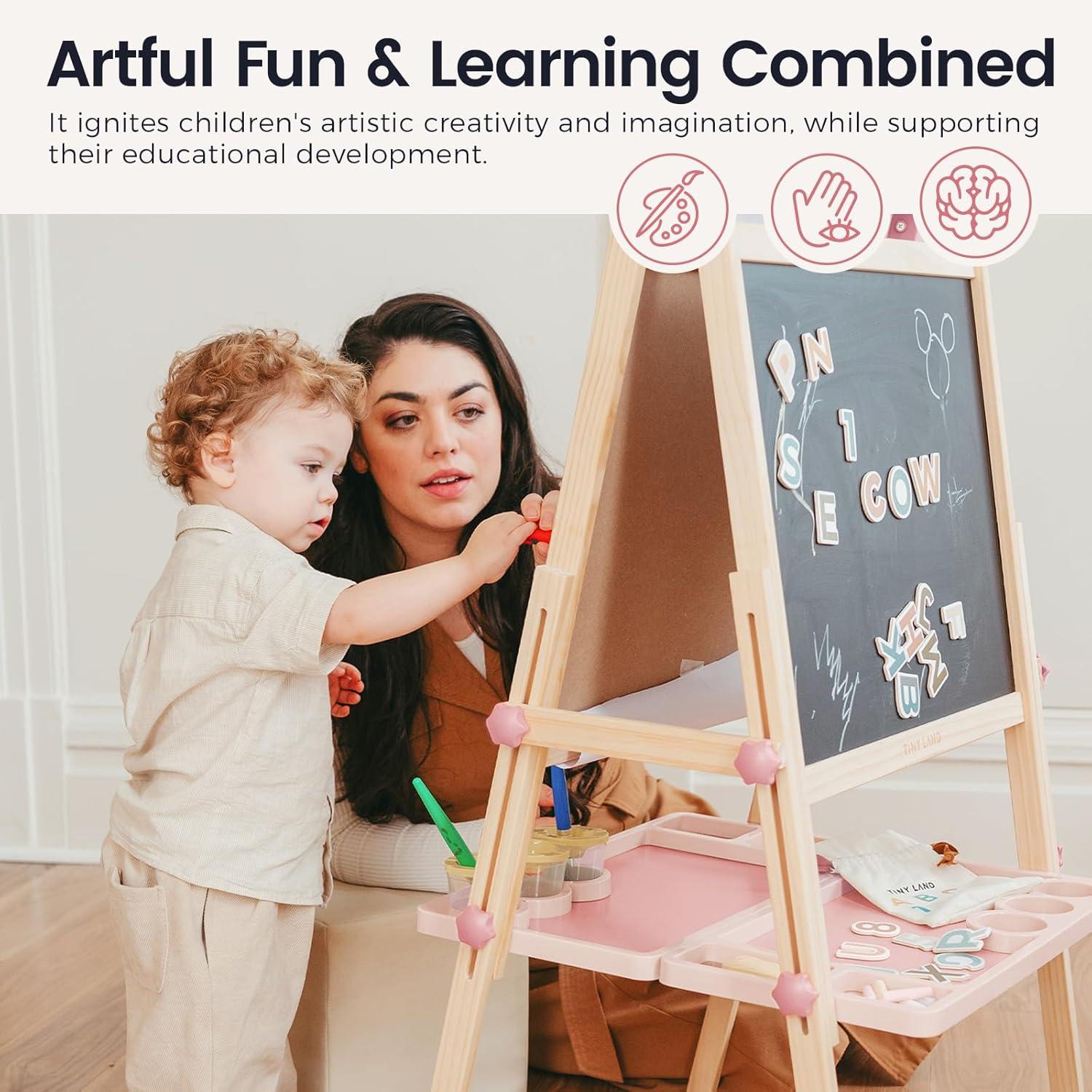 imageTiny Land Easel for Kids DoubleSided Magnetic Easel with Drawing Accessories Adjustable Wooden Kids Art Easel with Paper Roll LearningToy for 345678 Years Old Boy amp Girls GreenPink