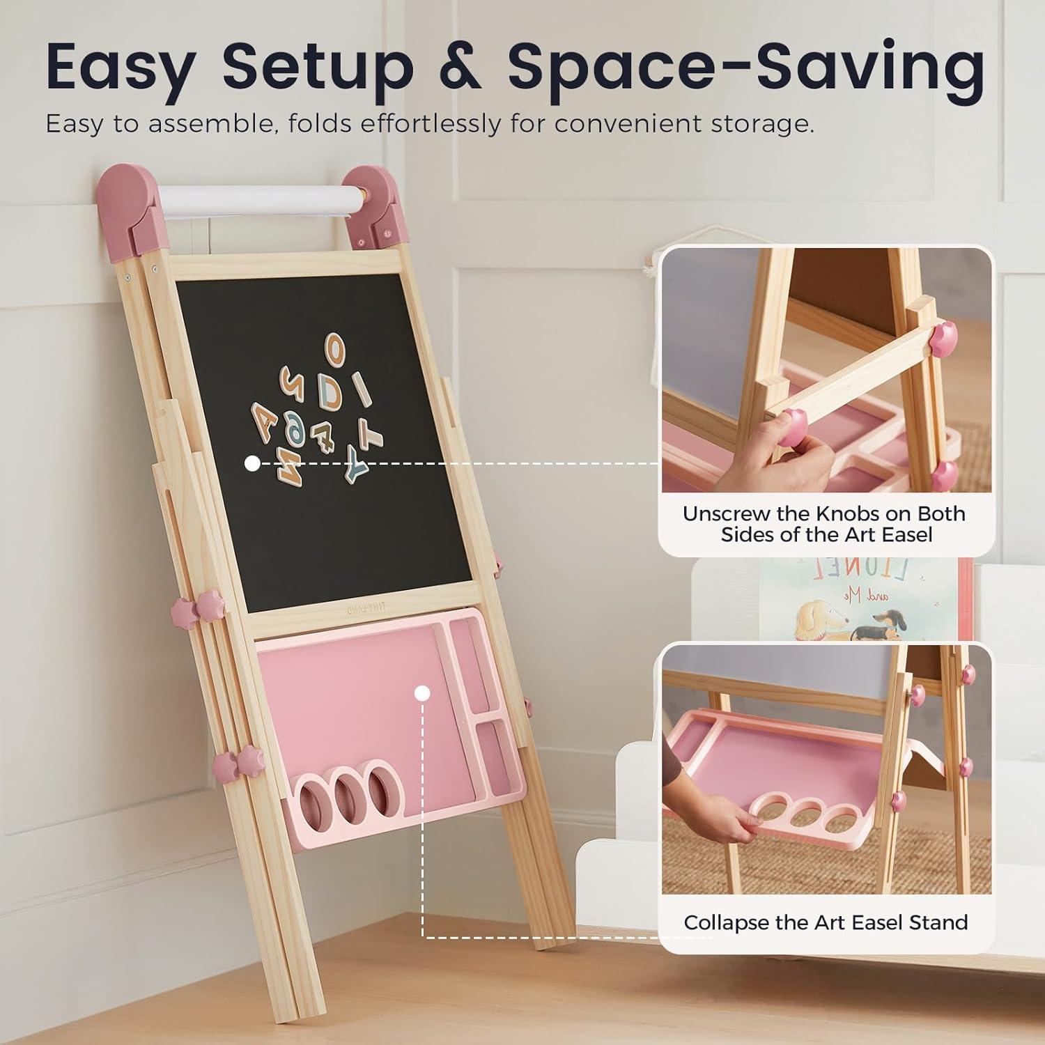 imageTiny Land Easel for Kids DoubleSided Magnetic Easel with Drawing Accessories Adjustable Wooden Kids Art Easel with Paper Roll LearningToy for 345678 Years Old Boy amp Girls GreenPink