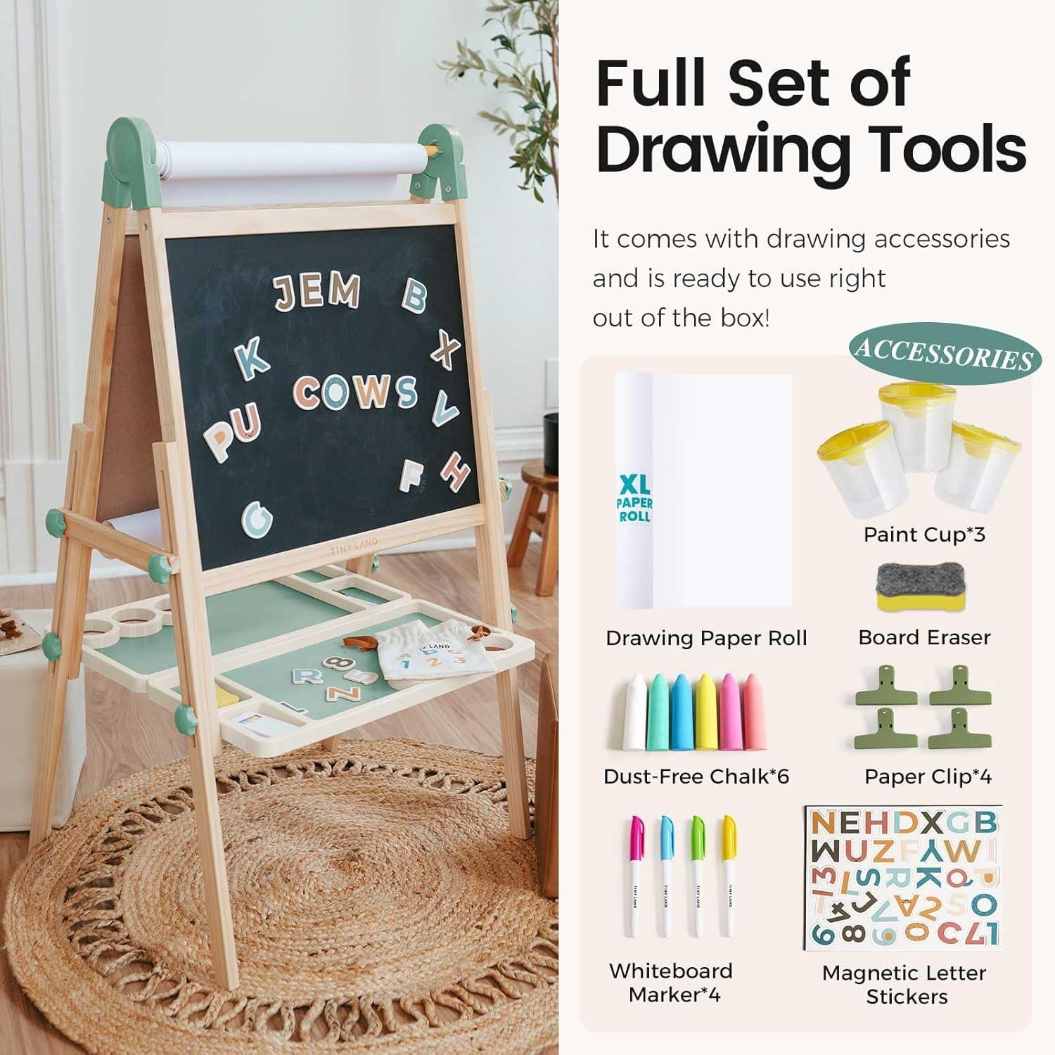 imageTiny Land Easel for Kids DoubleSided Magnetic Easel with Drawing Accessories Adjustable Wooden Kids Art Easel with Paper Roll LearningToy for 345678 Years Old Boy amp Girls GreenGreen