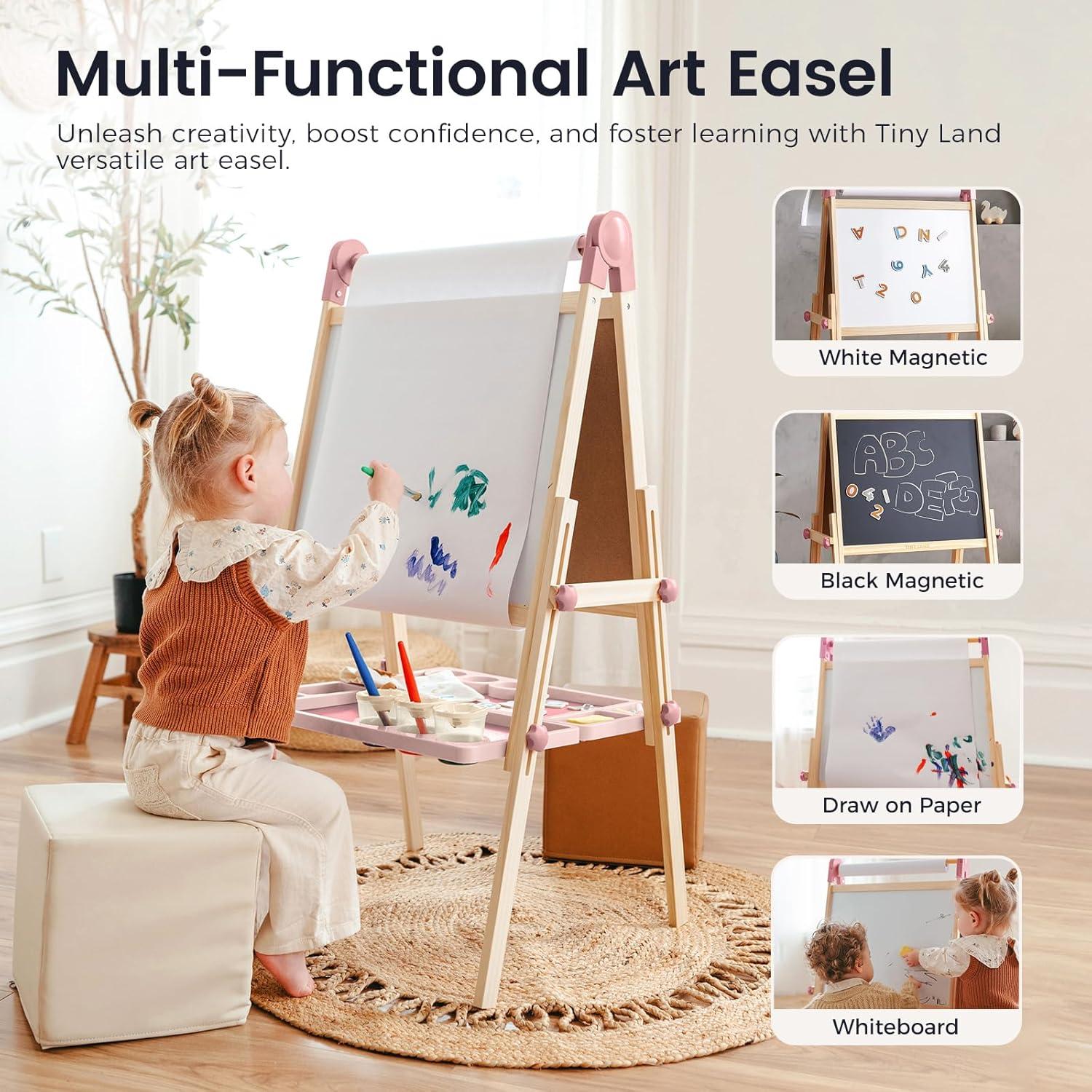 imageTiny Land Easel for Kids DoubleSided Magnetic Easel with Drawing Accessories Adjustable Wooden Kids Art Easel with Paper Roll LearningToy for 345678 Years Old Boy amp Girls GreenPink