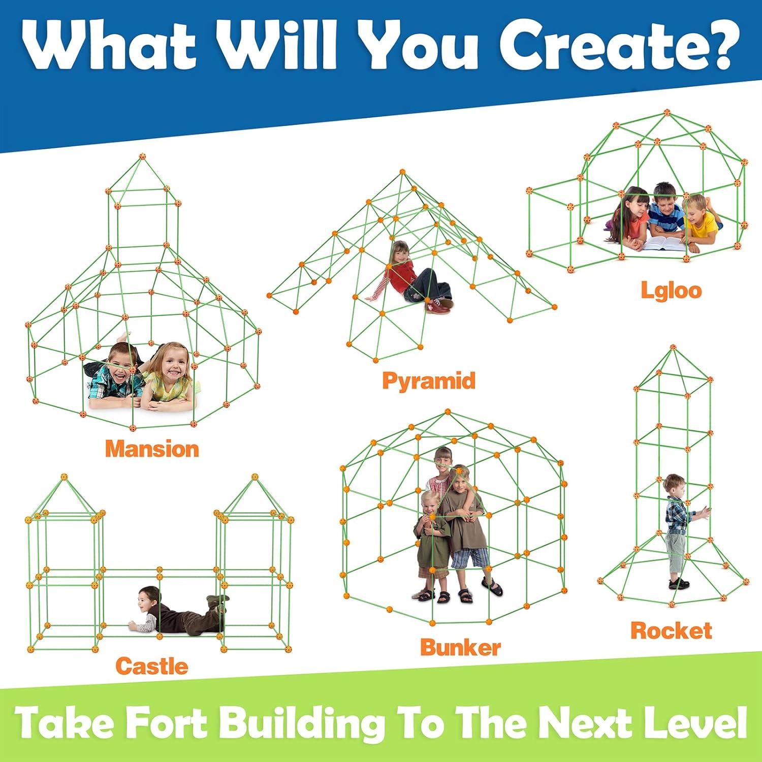 imageTiny Land Fort Building Kit Creative Fort Indoor Outdoor for 512 Years Old Boys and Girls STEM Building Toys with Storage Bag DIY Castles Tunnels with 86 Rods and 44 BallsOrangegreen