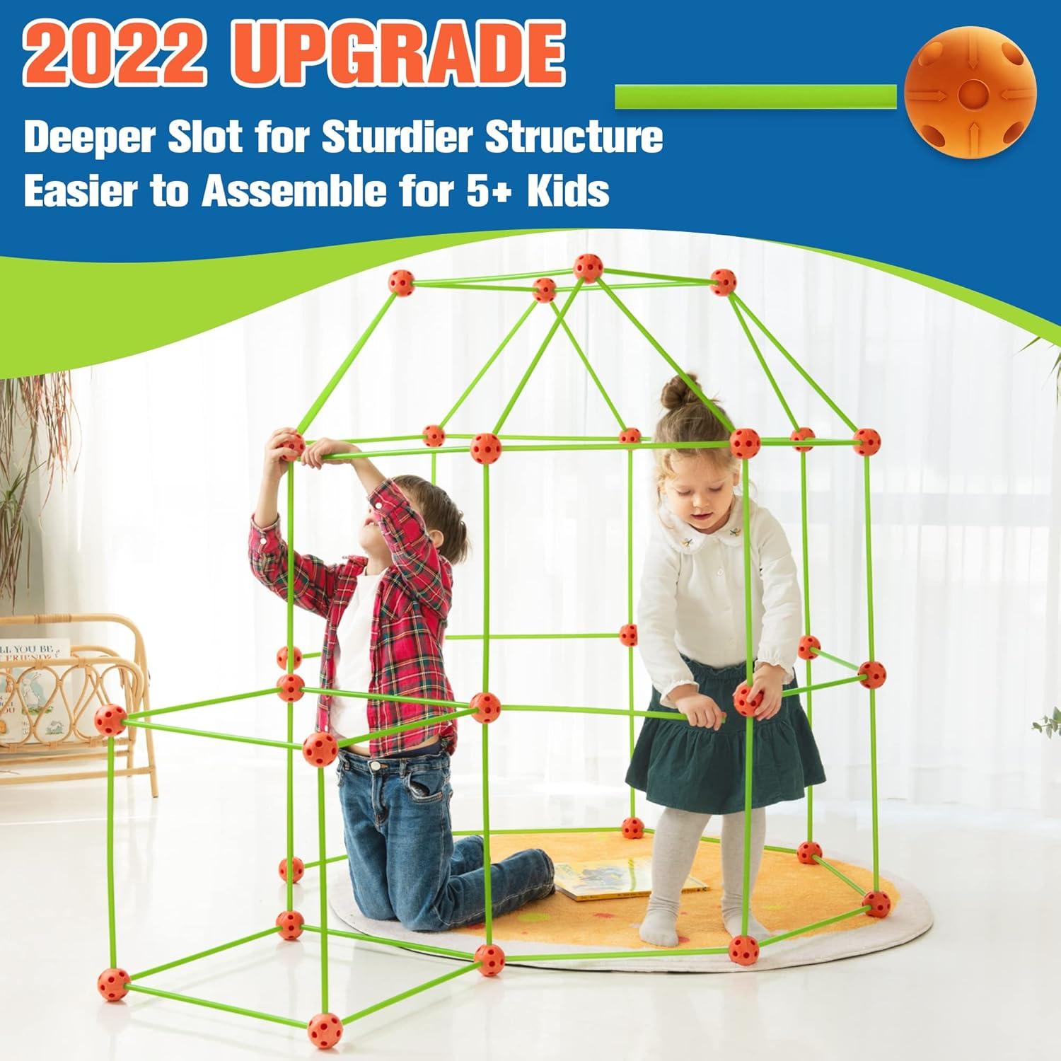 imageTiny Land Fort Building Kit Creative Fort Indoor Outdoor for 512 Years Old Boys and Girls STEM Building Toys with Storage Bag DIY Castles Tunnels with 86 Rods and 44 BallsOrangegreen