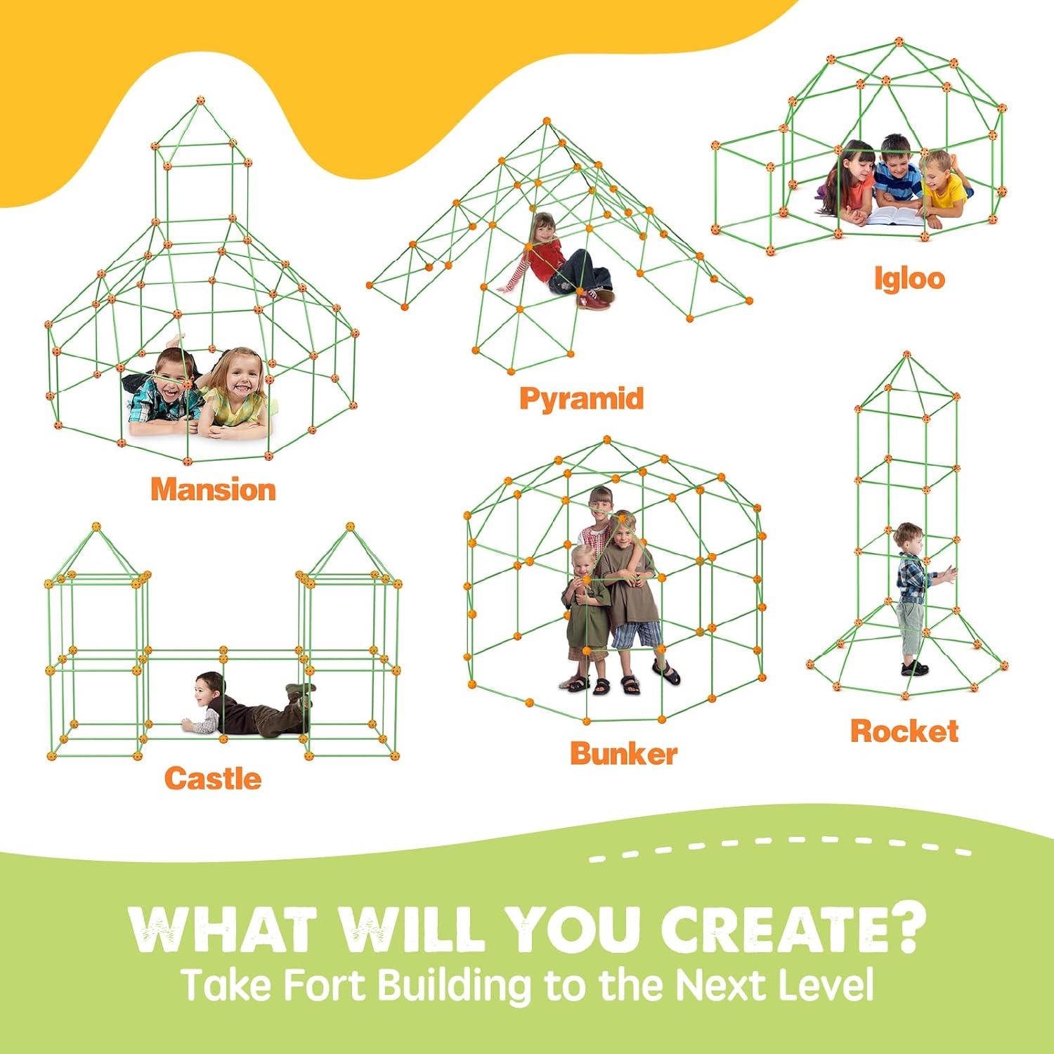imageTiny Land Fort Building Kit Creative Fort Indoor Outdoor for 512 Years Old Boys and Girls STEM Building Toys with Storage Bag DIY Castles Tunnels with 86 Rods and 44 BallsOrangegreen