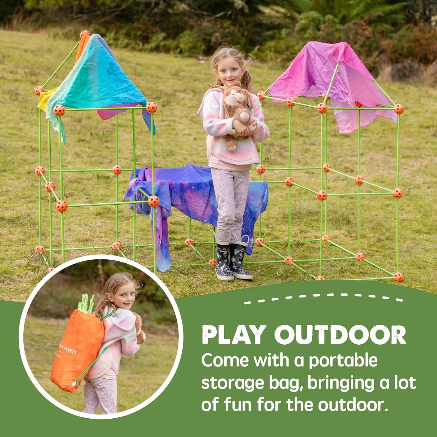 imageTiny Land Fort Building Kit Creative Fort Indoor Outdoor for 512 Years Old Boys and Girls STEM Building Toys with Storage Bag DIY Castles Tunnels with 86 Rods and 44 BallsOrangegreen
