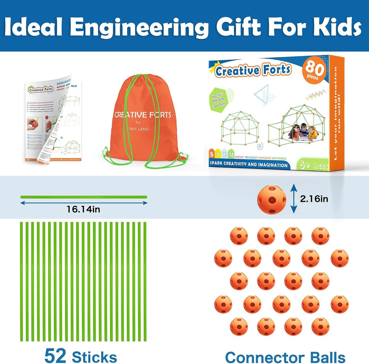 imageTiny Land Fort Building Kit Creative Fort Indoor Outdoor for 512 Years Old Boys and Girls STEM Building Toys with Storage Bag DIY Castles Tunnels with 86 Rods and 44 BallsOrangegreen