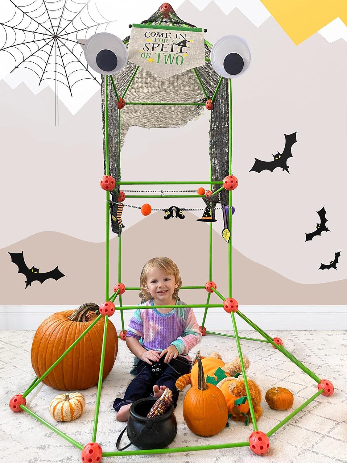 imageTiny Land Fort Building Kit Creative Fort Indoor Outdoor for 512 Years Old Boys and Girls STEM Building Toys with Storage Bag DIY Castles Tunnels with 86 Rods and 44 BallsOrangegreen