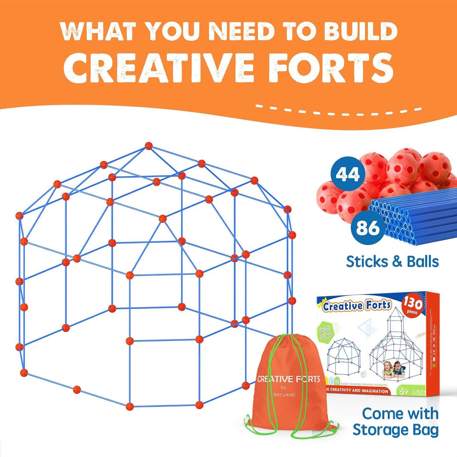 imageTiny Land Fort Building Kit Creative Fort Indoor Outdoor for 512 Years Old Boys and Girls STEM Building Toys with Storage Bag DIY Castles Tunnels with 86 Rods and 44 BallsRedbule