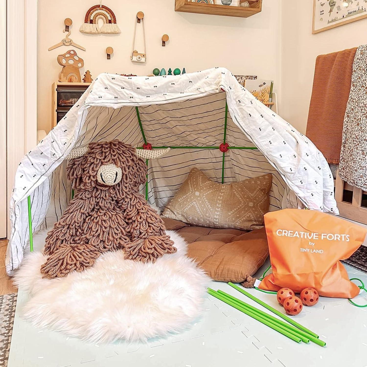 imageTiny Land Fort Building Kit Creative Fort Indoor Outdoor for 512 Years Old Boys and Girls STEM Building Toys with Storage Bag DIY Castles Tunnels with 86 Rods and 44 BallsOrangegreen