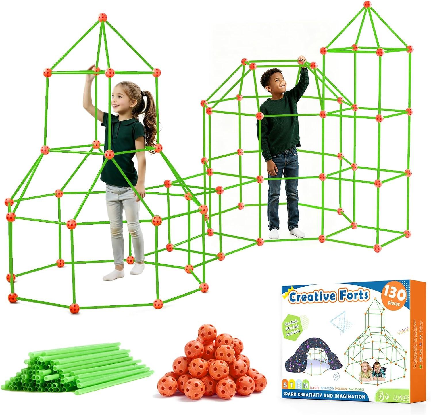 imageTiny Land Fort Building Kit Creative Fort Indoor Outdoor for 512 Years Old Boys and Girls STEM Building Toys with Storage Bag DIY Castles Tunnels with 86 Rods and 44 BallsOrangegreen