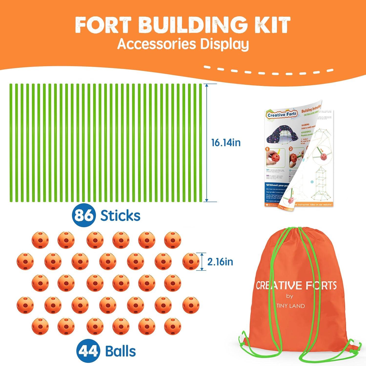 imageTiny Land Fort Building Kit Creative Fort Indoor Outdoor for 512 Years Old Boys and Girls STEM Building Toys with Storage Bag DIY Castles Tunnels with 86 Rods and 44 BallsOrangegreen