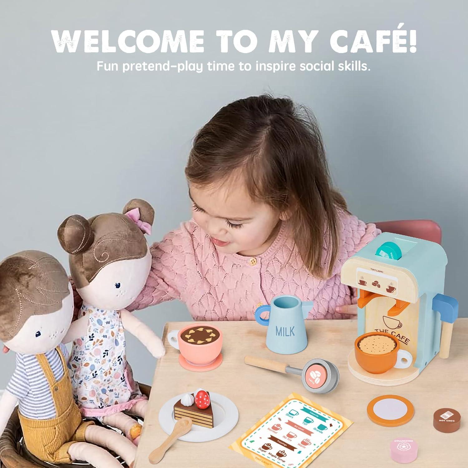 imageTiny Land Kids Coffee Maker Wooden Kitchen Toys 17Pcs Toy Coffee Maker Playset Wooden Play Toys Play Kitchen Accessories for Girls amp Boys