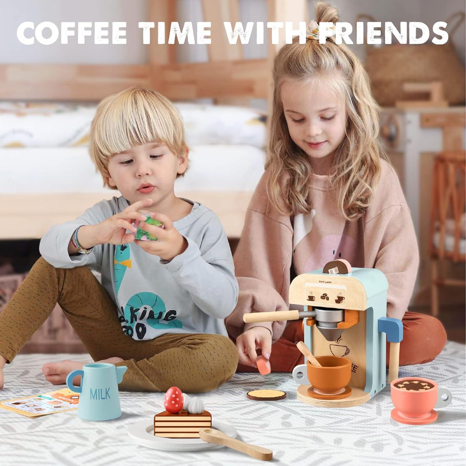 imageTiny Land Kids Coffee Maker Wooden Kitchen Toys 17Pcs Toy Coffee Maker Playset Wooden Play Toys Play Kitchen Accessories for Girls amp Boys