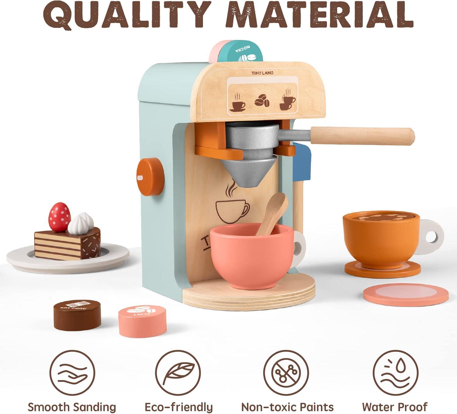 imageTiny Land Kids Coffee Maker Wooden Kitchen Toys 17Pcs Toy Coffee Maker Playset Wooden Play Toys Play Kitchen Accessories for Girls amp Boys