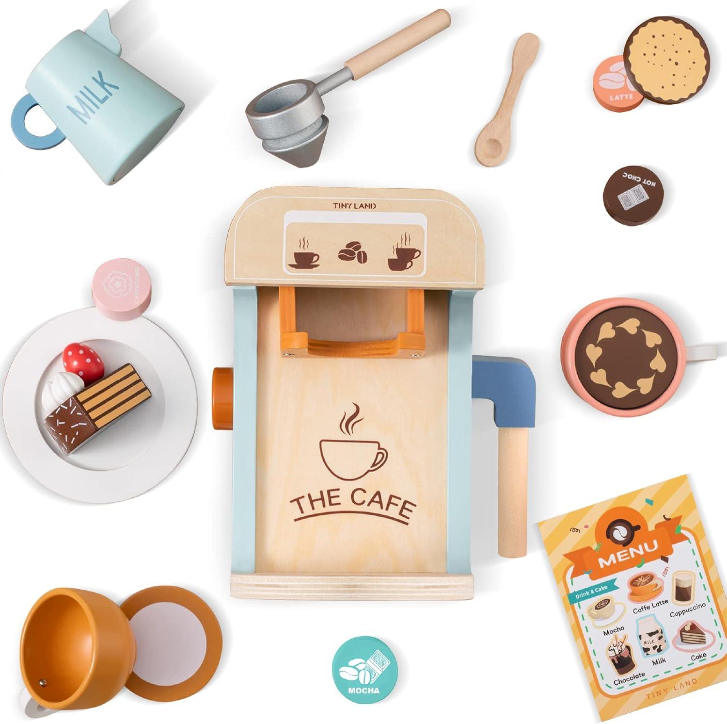 imageTiny Land Kids Coffee Maker Wooden Kitchen Toys 17Pcs Toy Coffee Maker Playset Wooden Play Toys Play Kitchen Accessories for Girls amp Boys